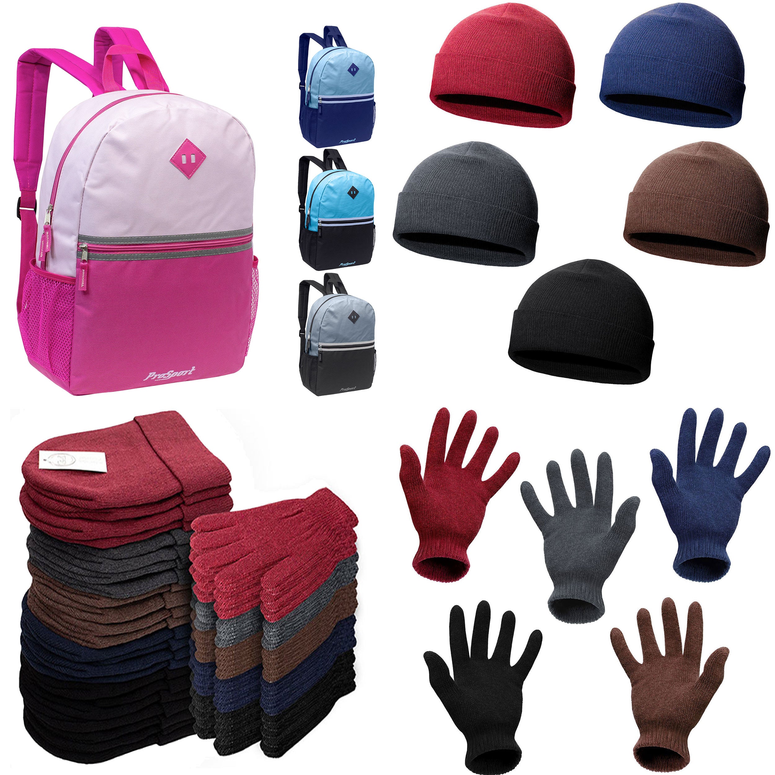 12 Wholesale 17" Multi-Color Backpacks & Your Choice of 12 Winter Item Sets - Wholesale Care Package: Homeless, Emergency, Charity
