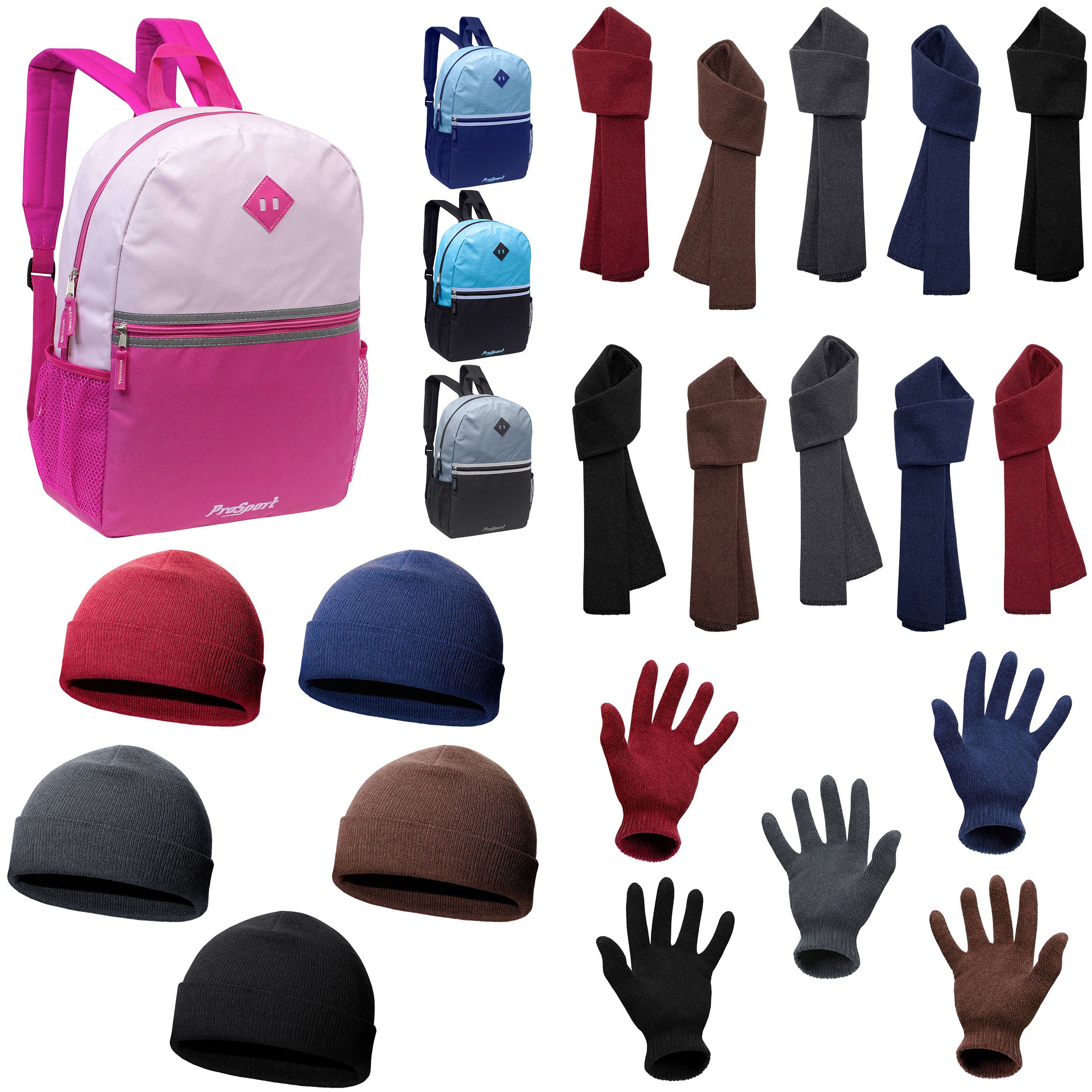 12 Wholesale 17" Multi-Color Backpacks & Your Choice of 12 Winter Item Sets - Wholesale Care Package: Homeless, Emergency, Charity