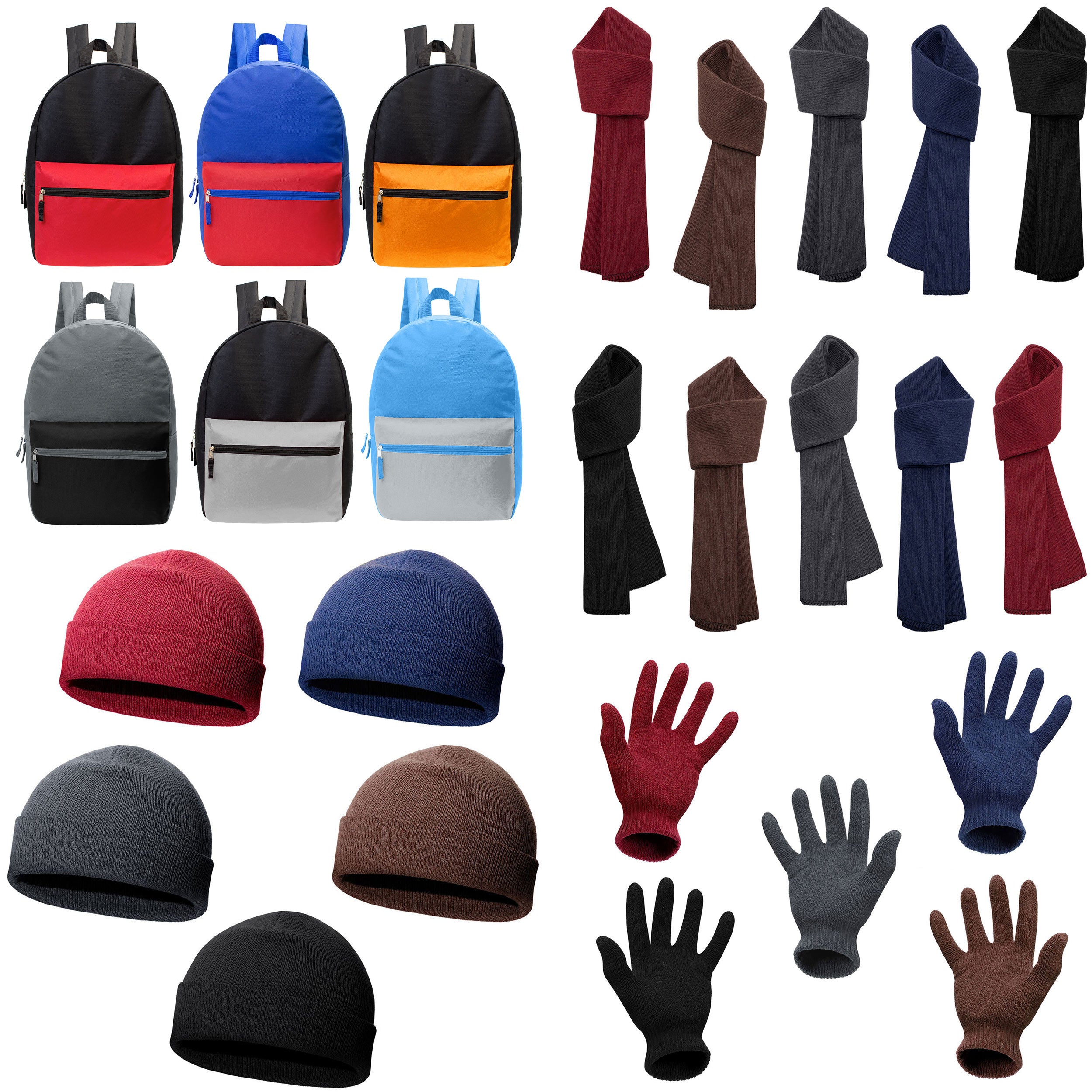 12 Multi Color 17" Backpacks in 6 Colors & Your Choice of 12 Winter Item Sets - Wholesale Care Package: Homeless, Emergency, Charity