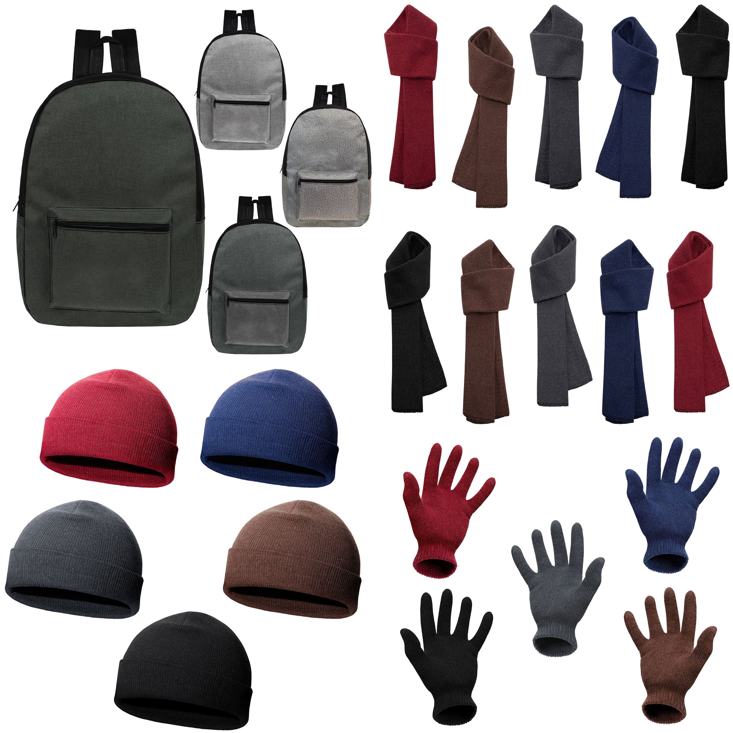 12 Basic 17" Backpacks in Assorted Colors & Your Choice of 12 Winter Item Sets - Wholesale Care Package: Homeless, Emergency, Charity