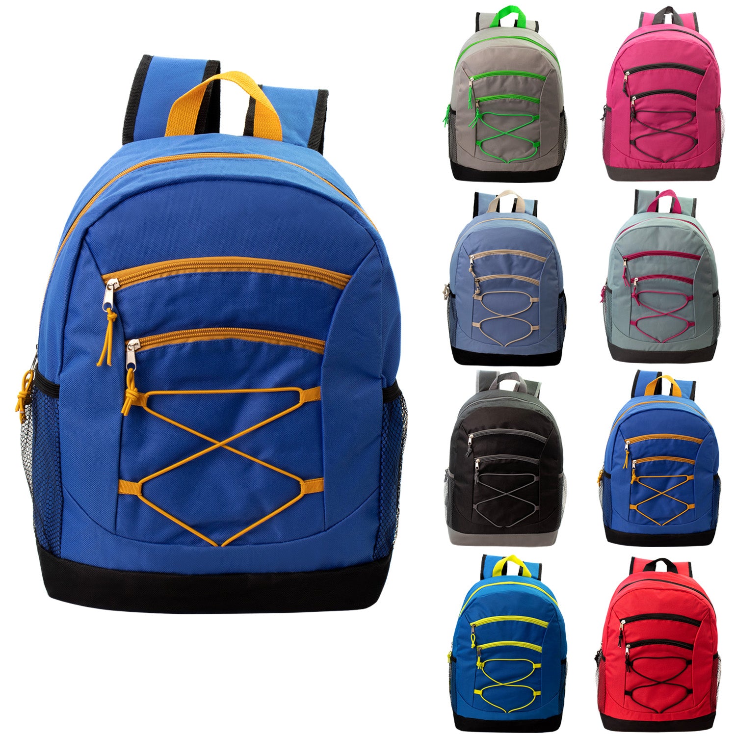 12 Bulk 17 Inch Bungee Backpacks in 8 Colors & 12 Wholesale School Supply Kits of Your Choice