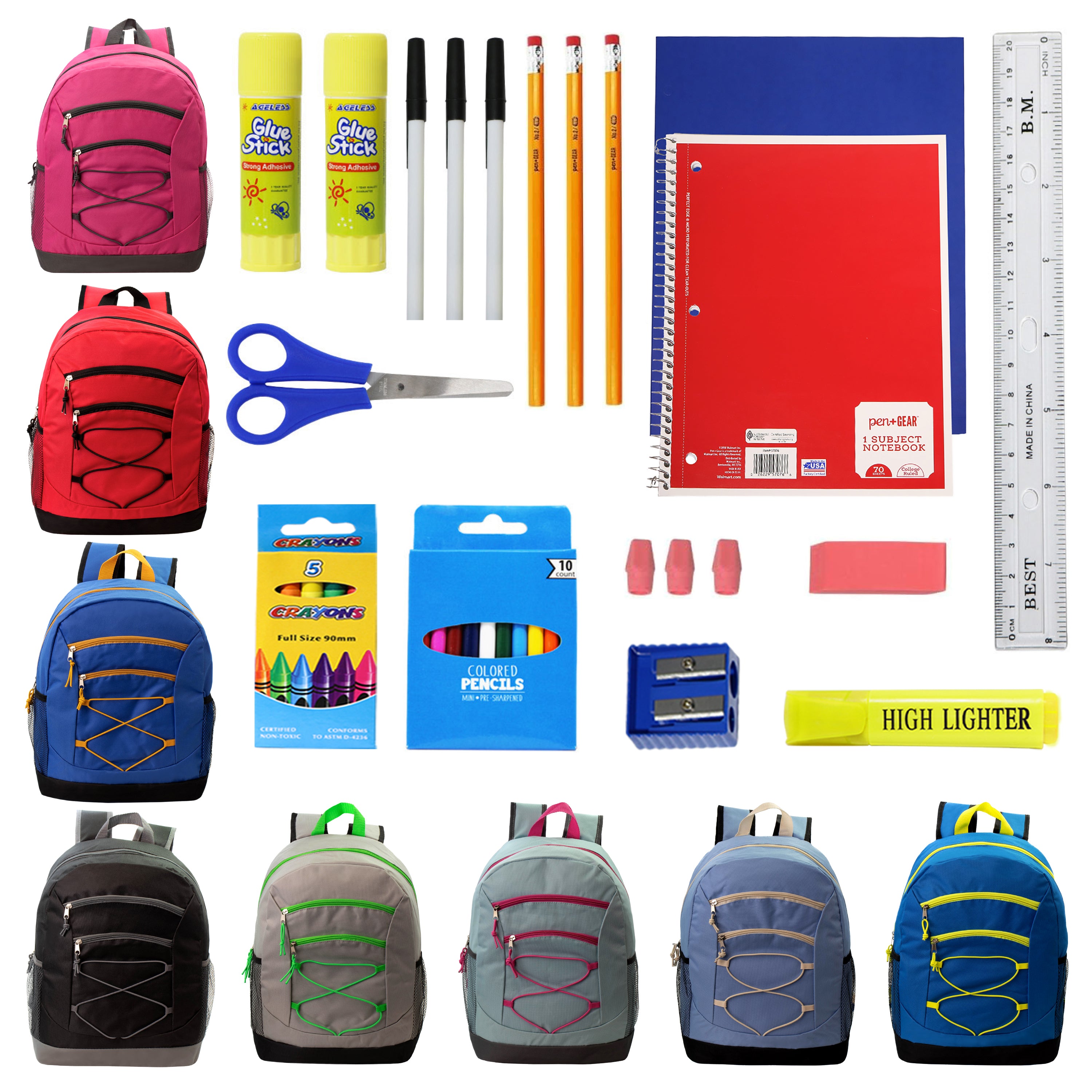 12 Bulk 17 Inch Bungee Backpacks in 8 Colors & 12 Wholesale School Supply Kits of Your Choice