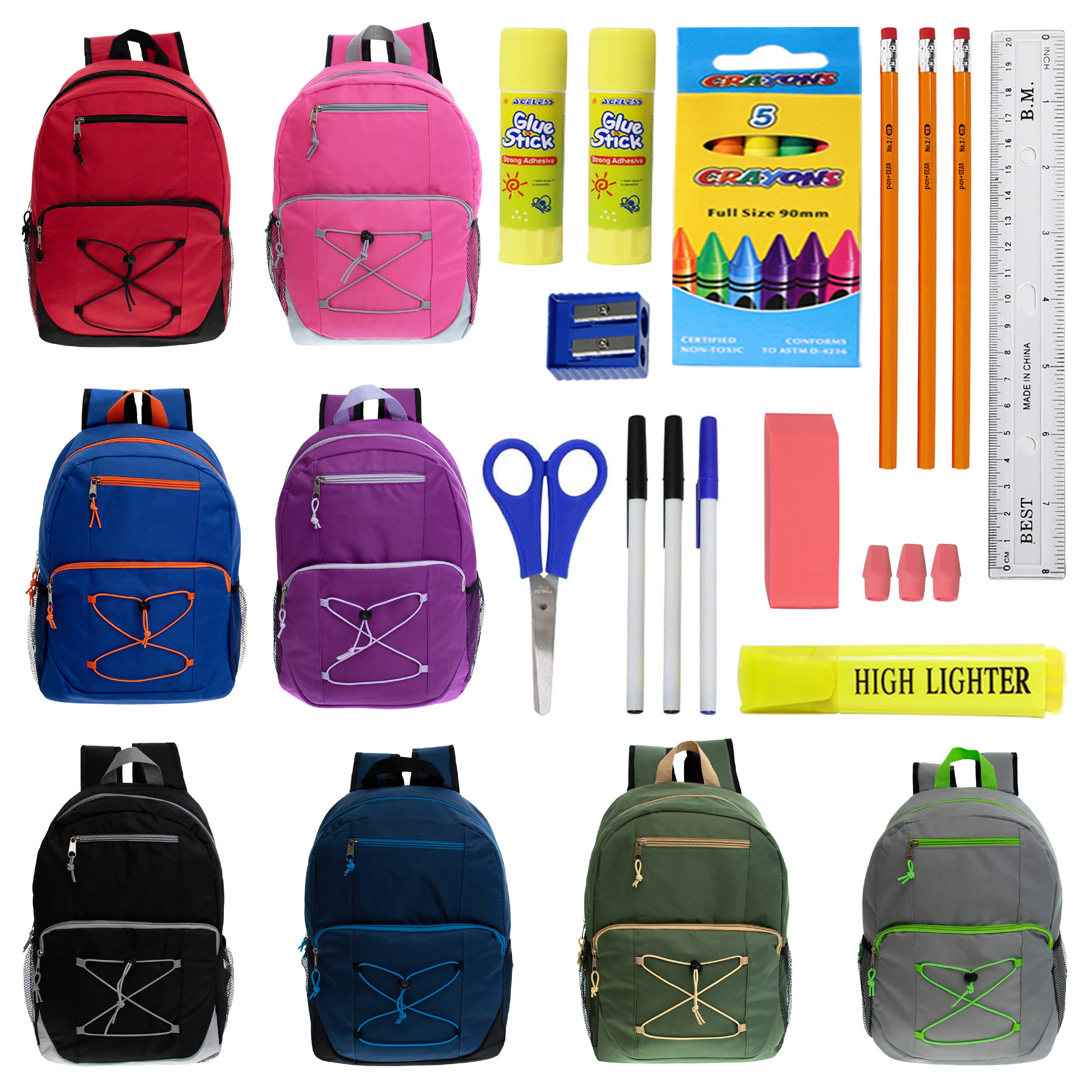 17 Inch Bulk Backpacks in Assorted Colors with School Supply Kits Wholesale - Kit of 12