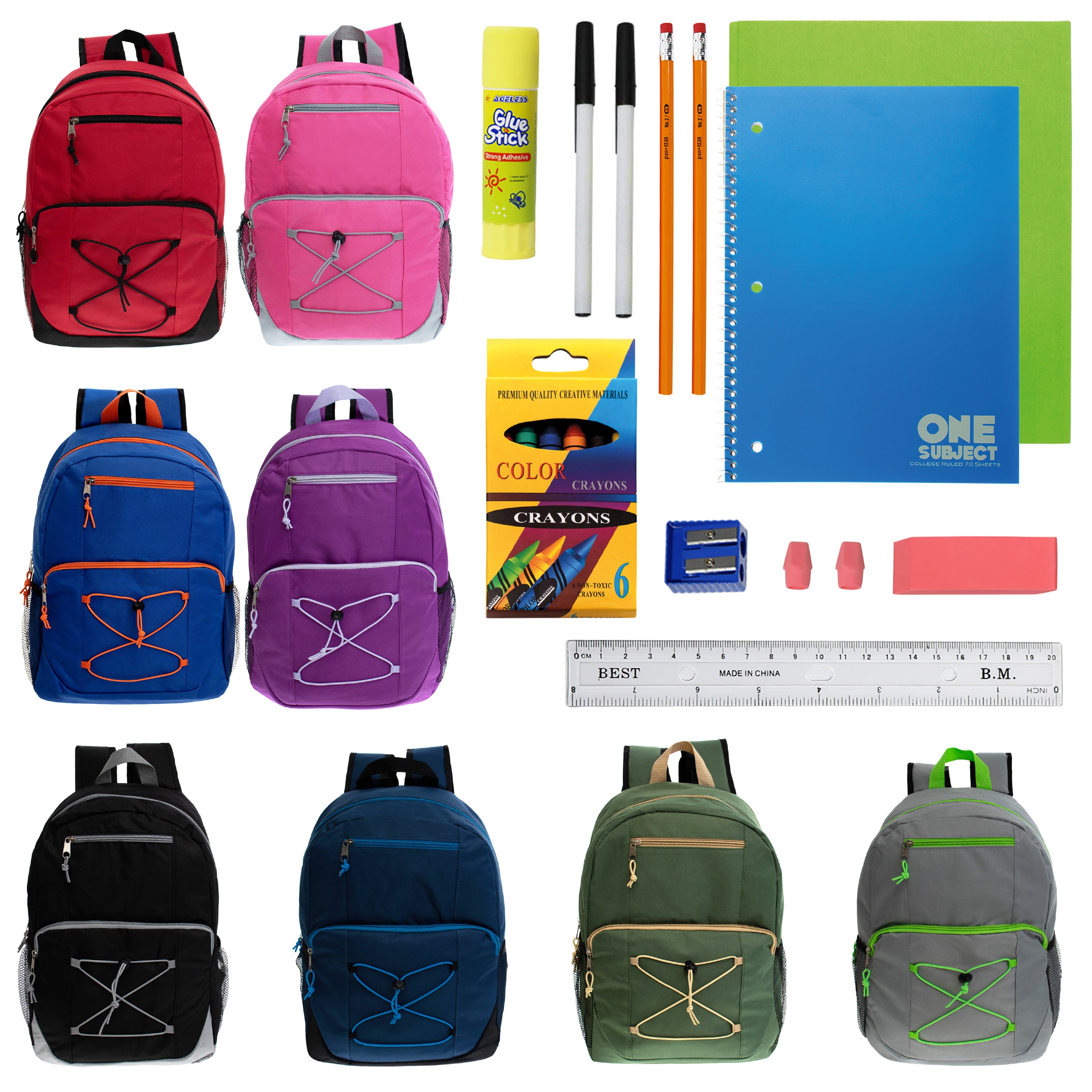 17 Inch Bulk Backpacks in Assorted Colors with School Supply Kits Wholesale - Kit of 12