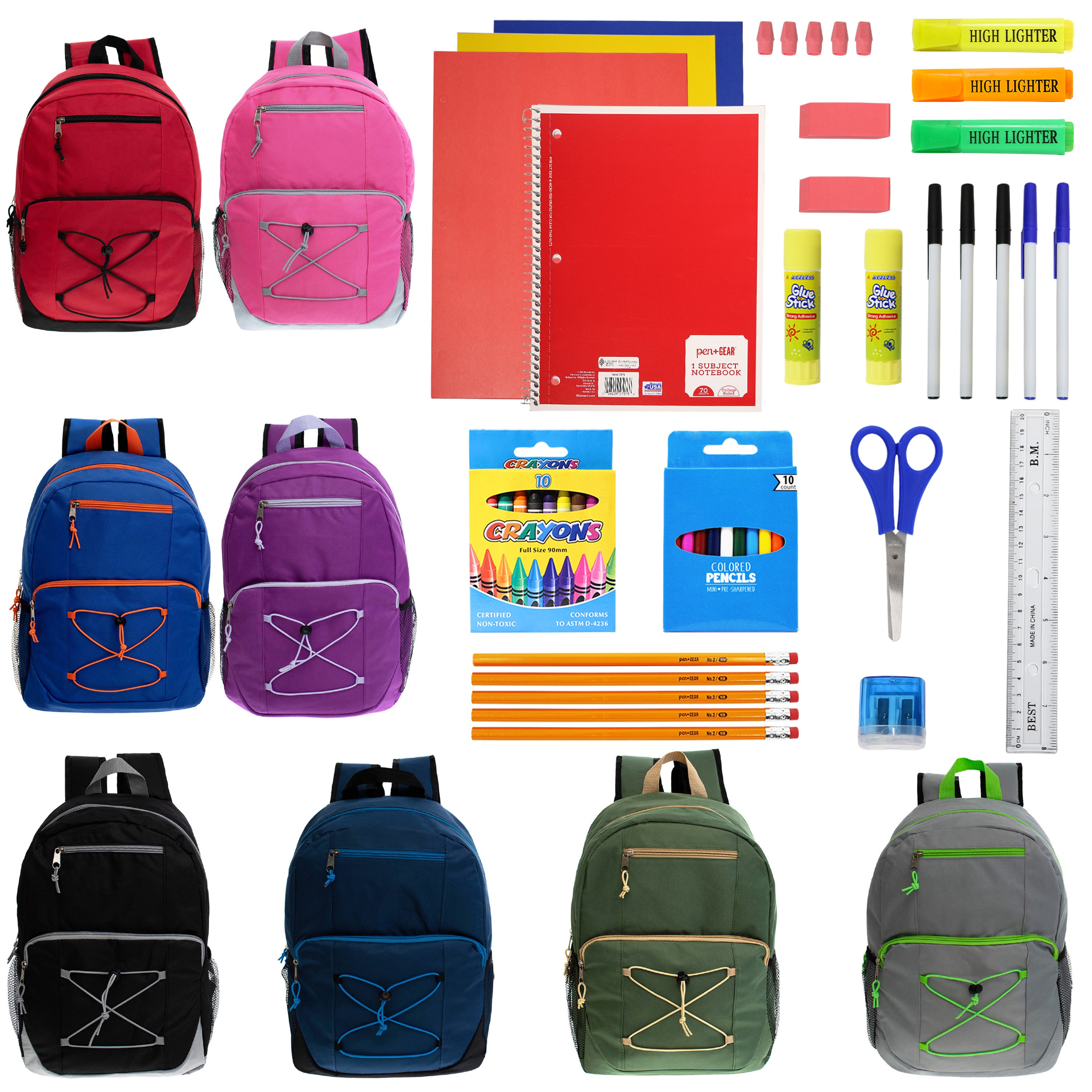 17 Inch Bulk Backpacks in Assorted Colors with School Supply Kits Wholesale - Kit of 12