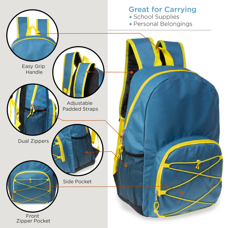 17" Bungee Wholesale Backpack in Assorted Colors and Styles - Bulk Case of 24