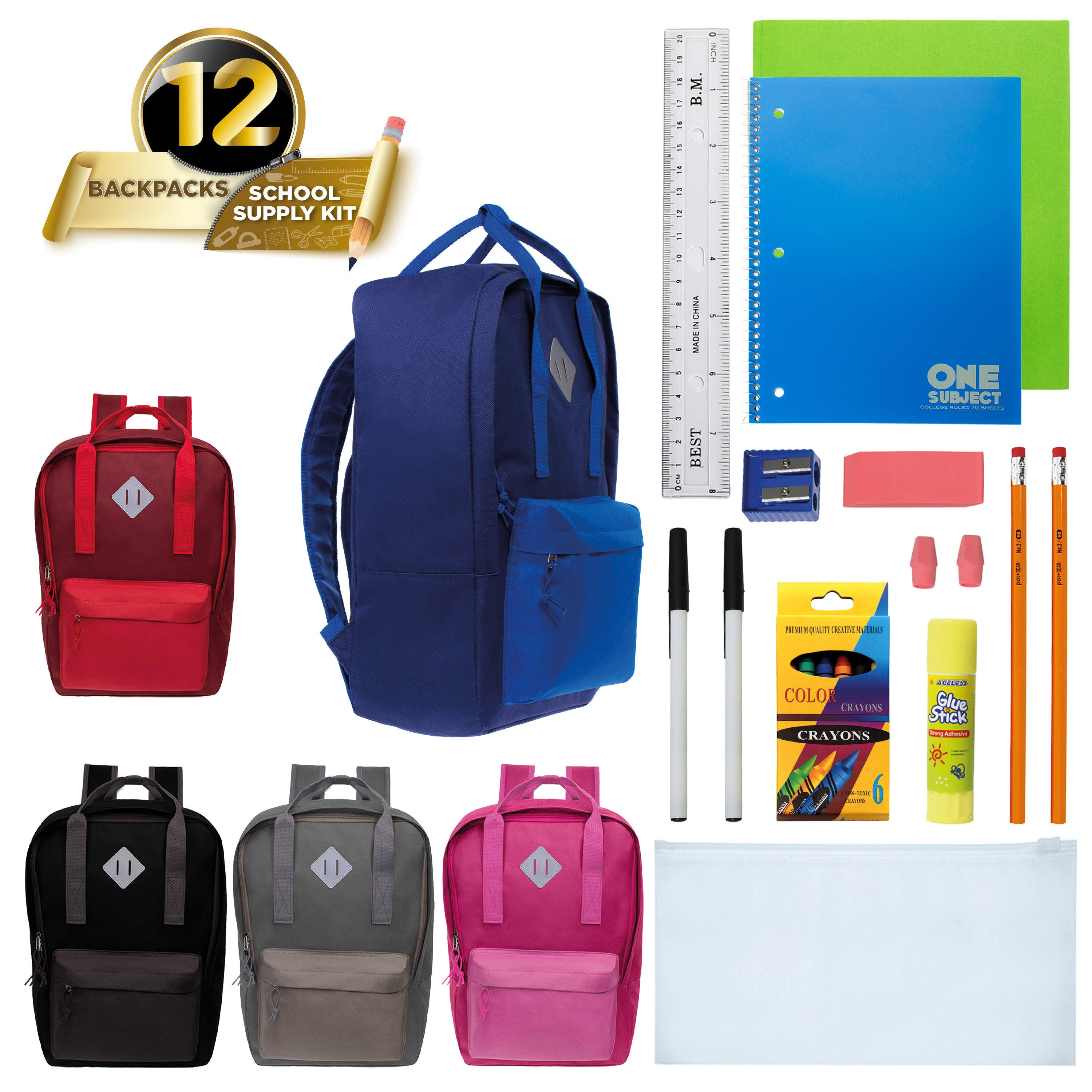 17 Inch Bulk Backpacks in Assorted Colors with School Supply Kits Wholesale - Case of 12