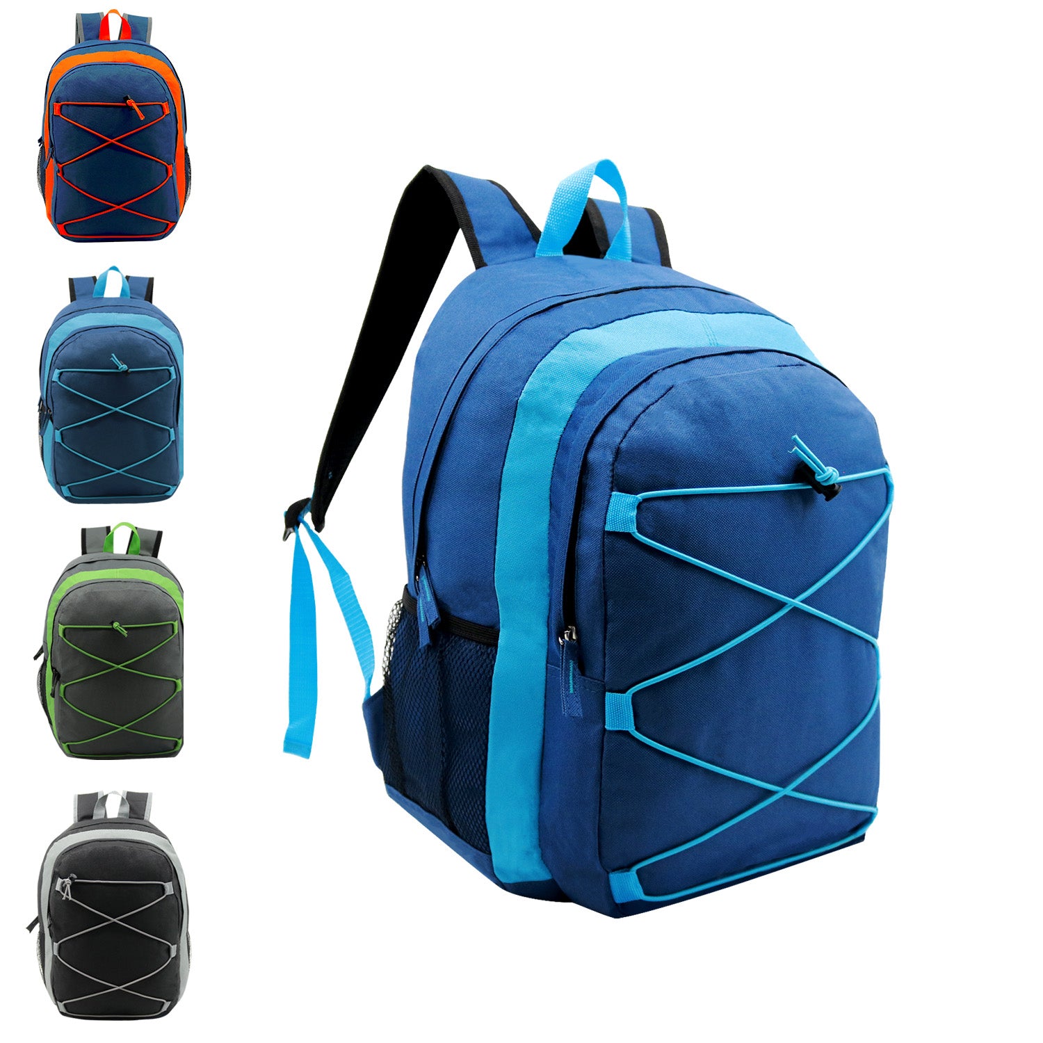 17" Bungee Wholesale Premium Design Backpacks in 4 Assorted Colors - Wholesale Bookbags Case of 24