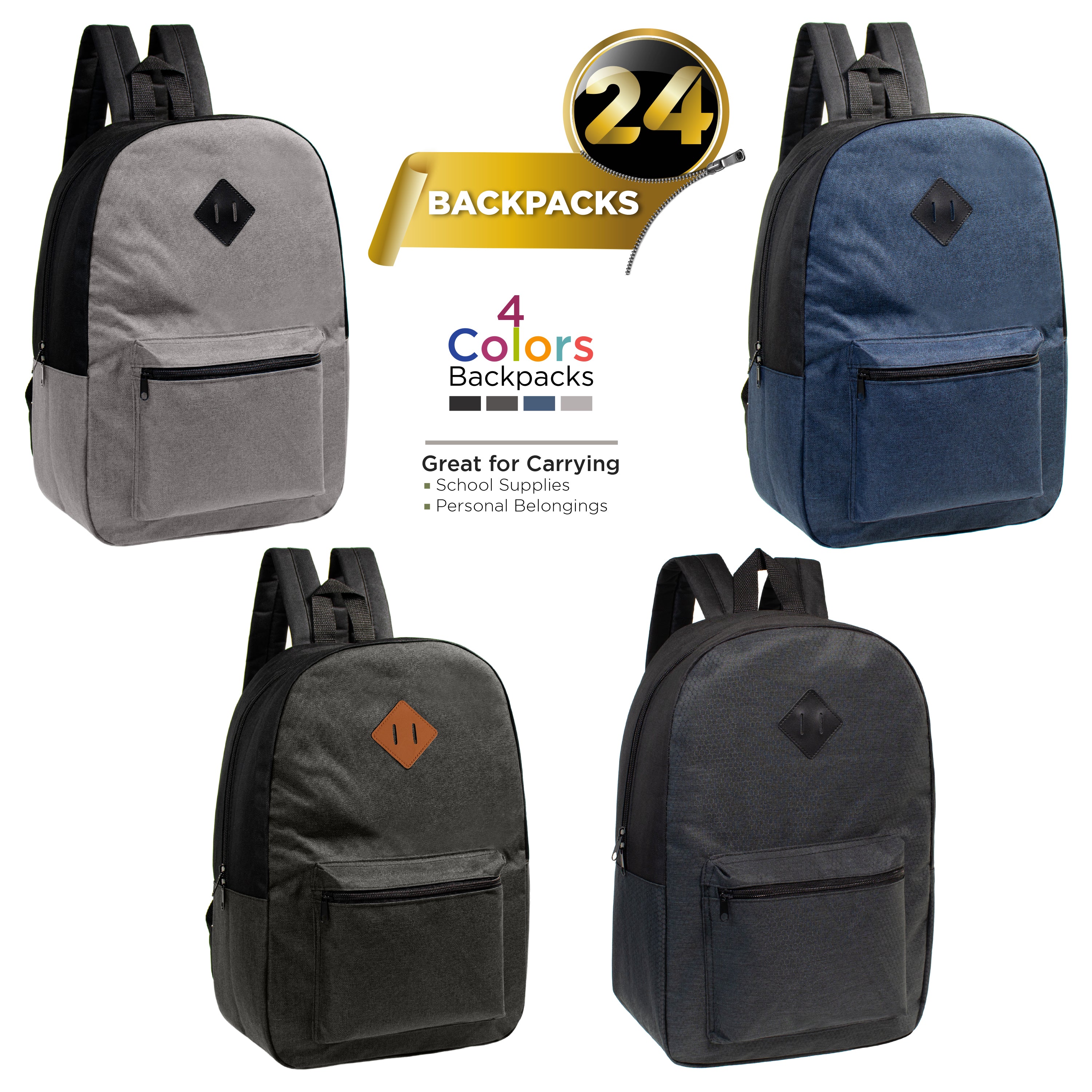 17" Kids Basic Wholesale Backpack in Assorted 4 Colors Diamond Patch - Bulk Case of 24 Backpacks