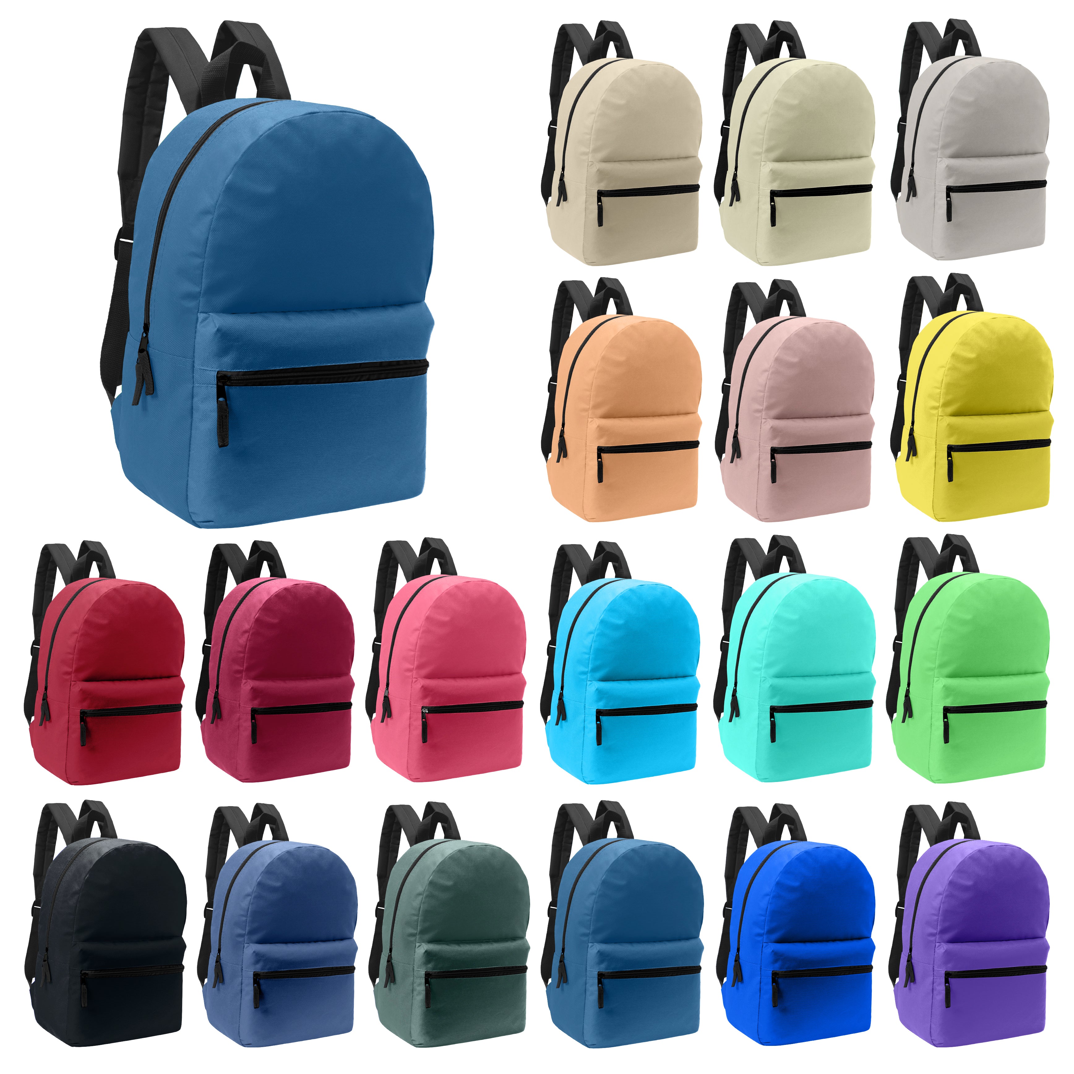 17" Kids Basic Wholesale Backpack in Assorted 18 Colors - Bulk Case of 36 Backpacks