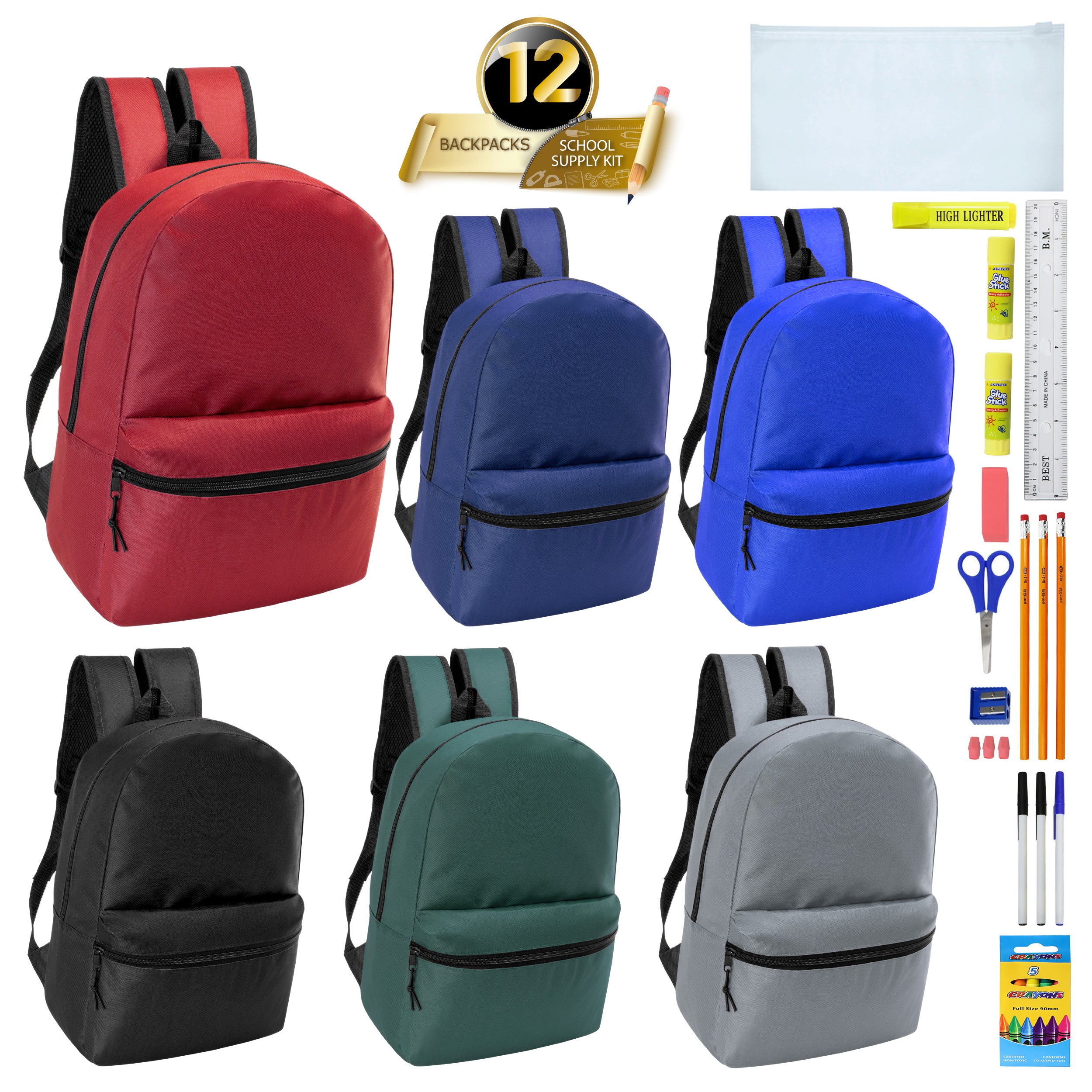 12 Wholesale 18.5" Backpacks in Assorted Colors & 12 Bulk School Supply Kits of Your Choice