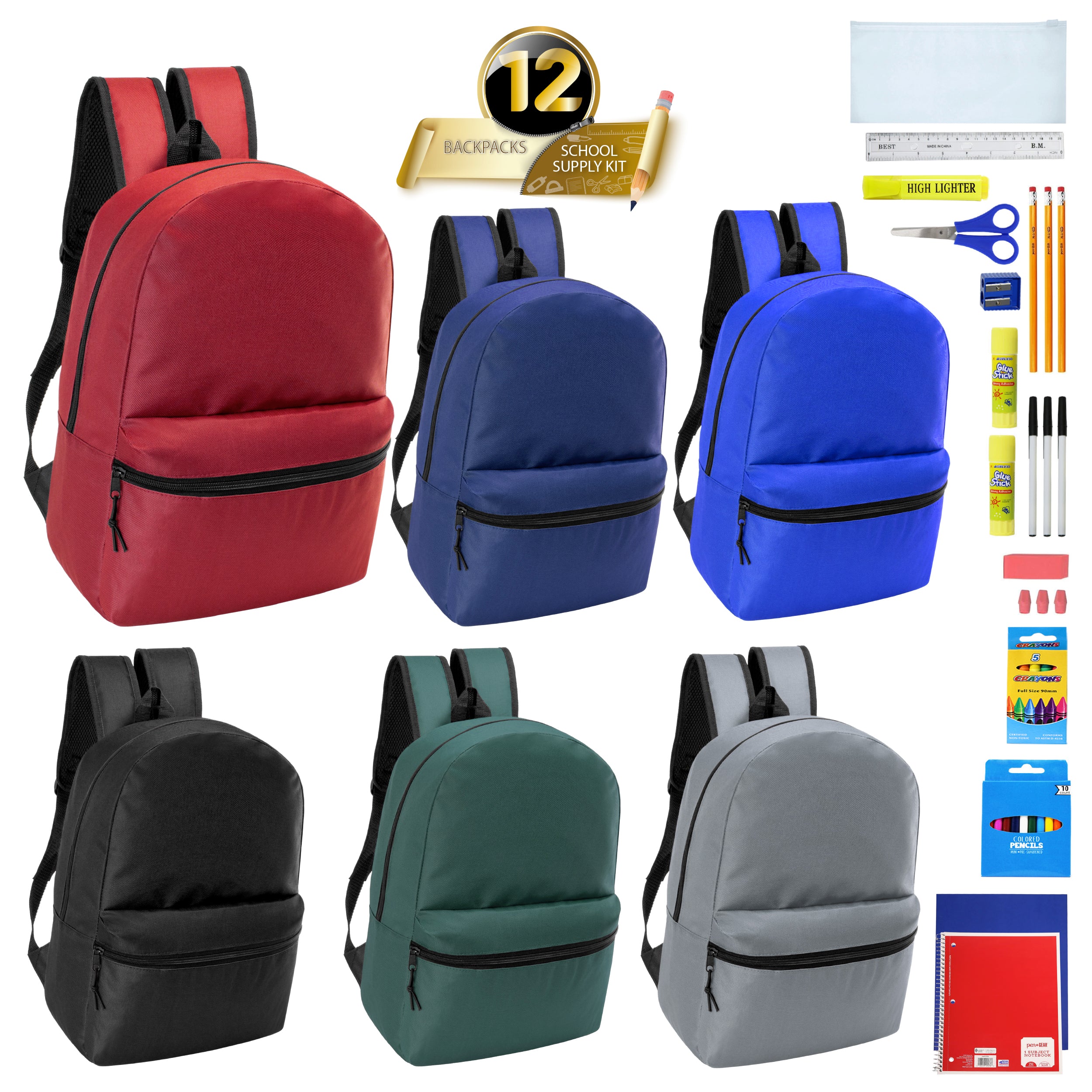 got your backpack mini school kit 12 Wholesale 17" Basic Wholesale Backpack in 6 Colors & 12 Bulk School Supply Kits of Your Choice