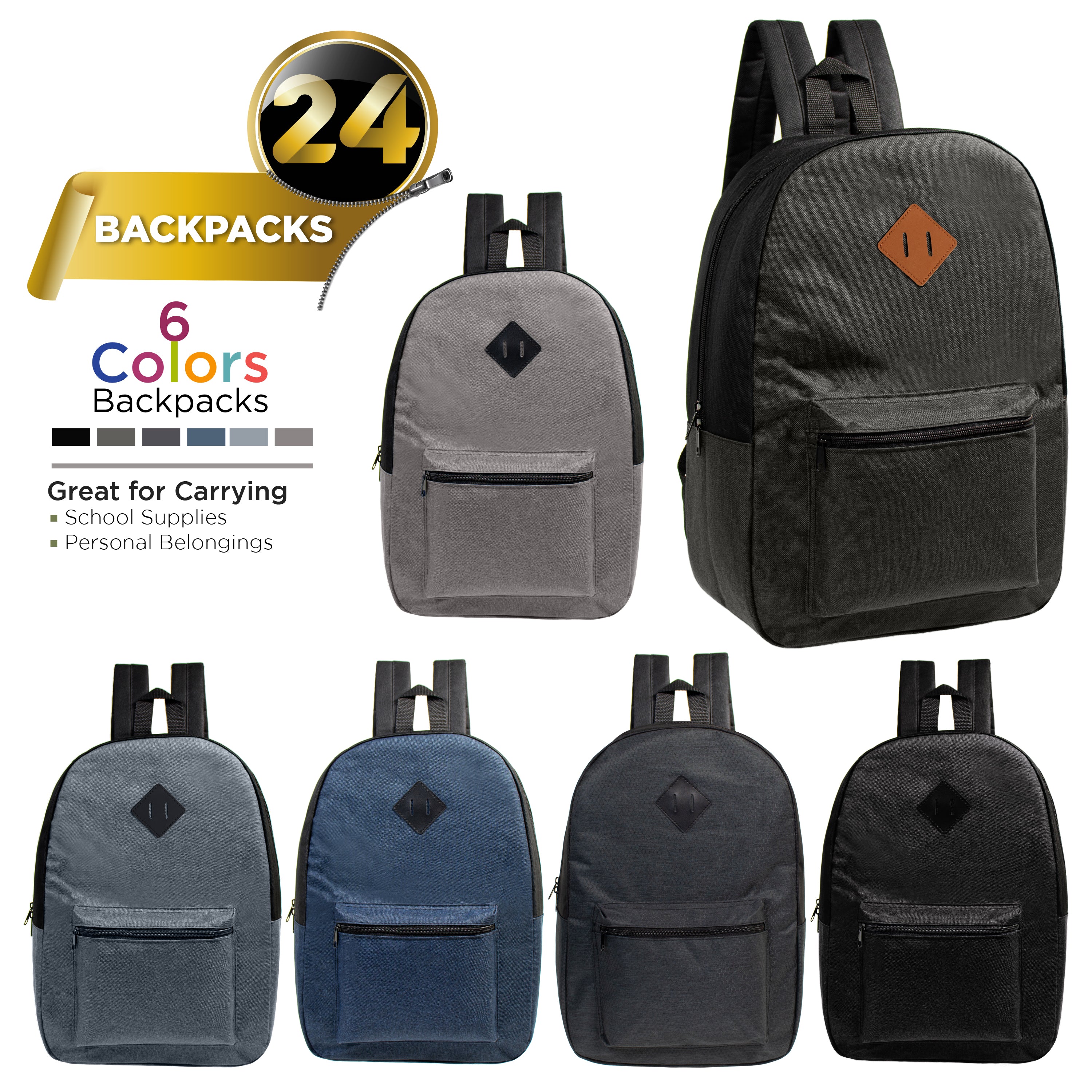 17" Kids Basic Wholesale Backpack in Assorted 6 Colors Diamond Patch - Bulk Case of 24 Backpacks