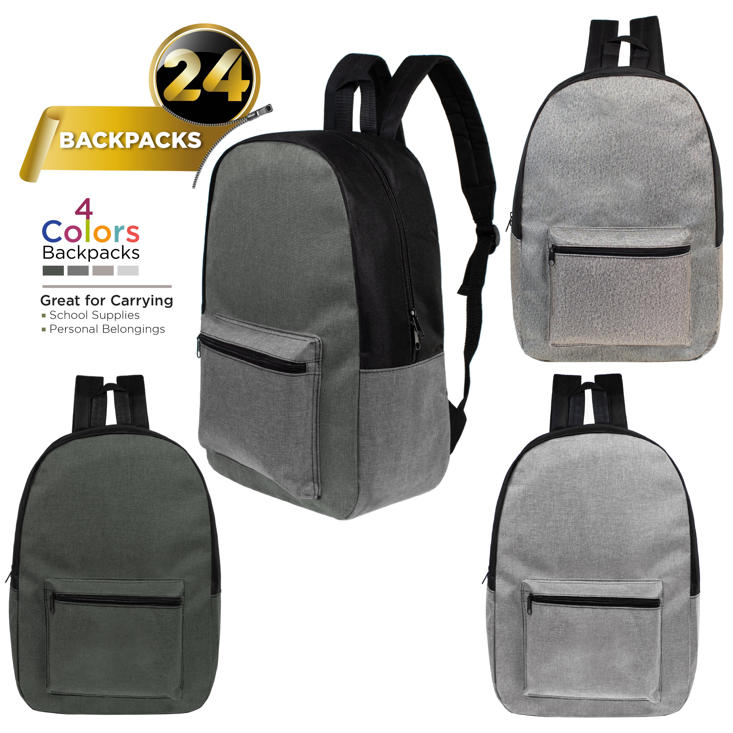 17" Kids Basic Wholesale Backpack in Assorted 4 Colors - Bulk Case of 24 Backpacks