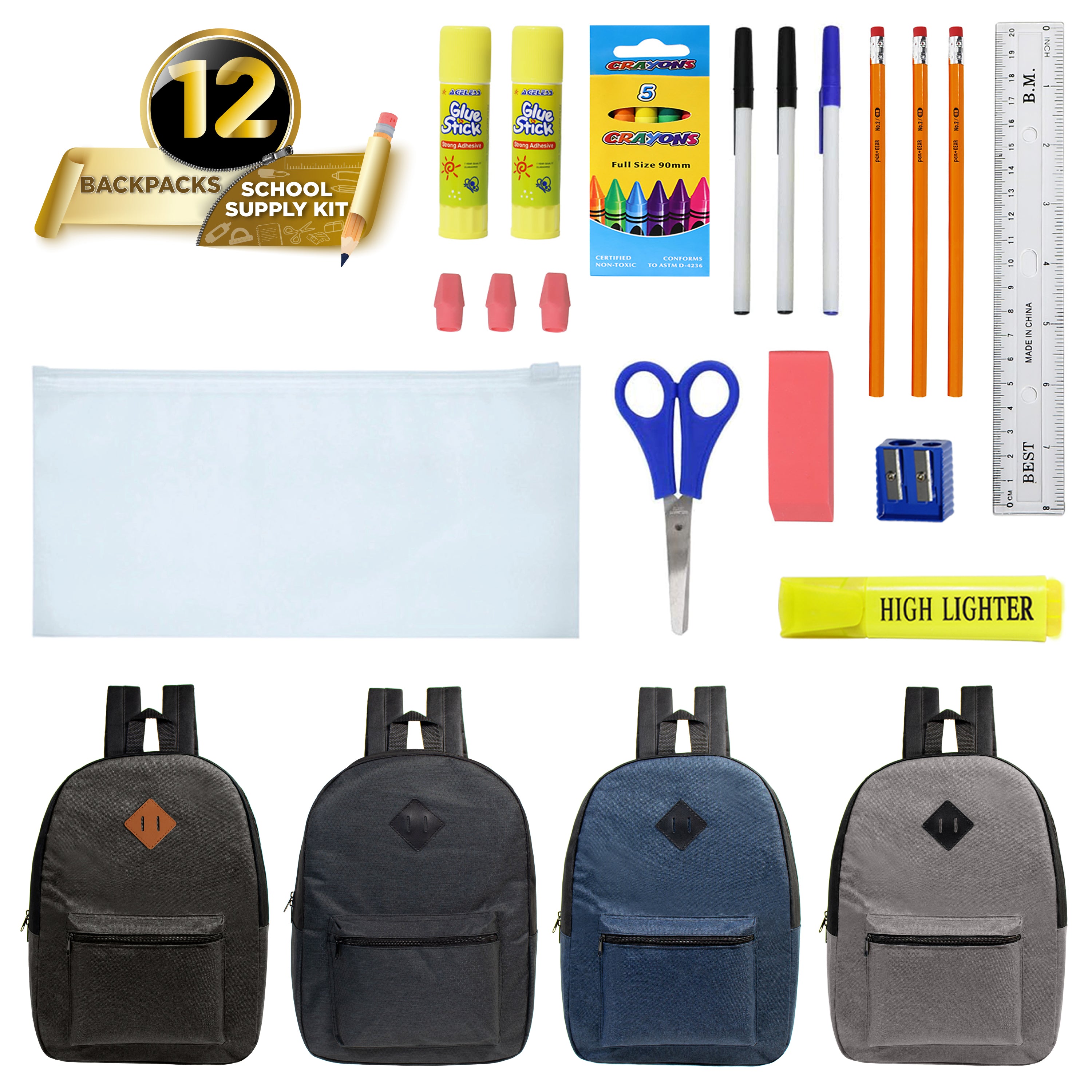 17-inch Bulk Backpack and School Supply Kit Combo Comes in 12 Assorted Colors and School Supply Kit