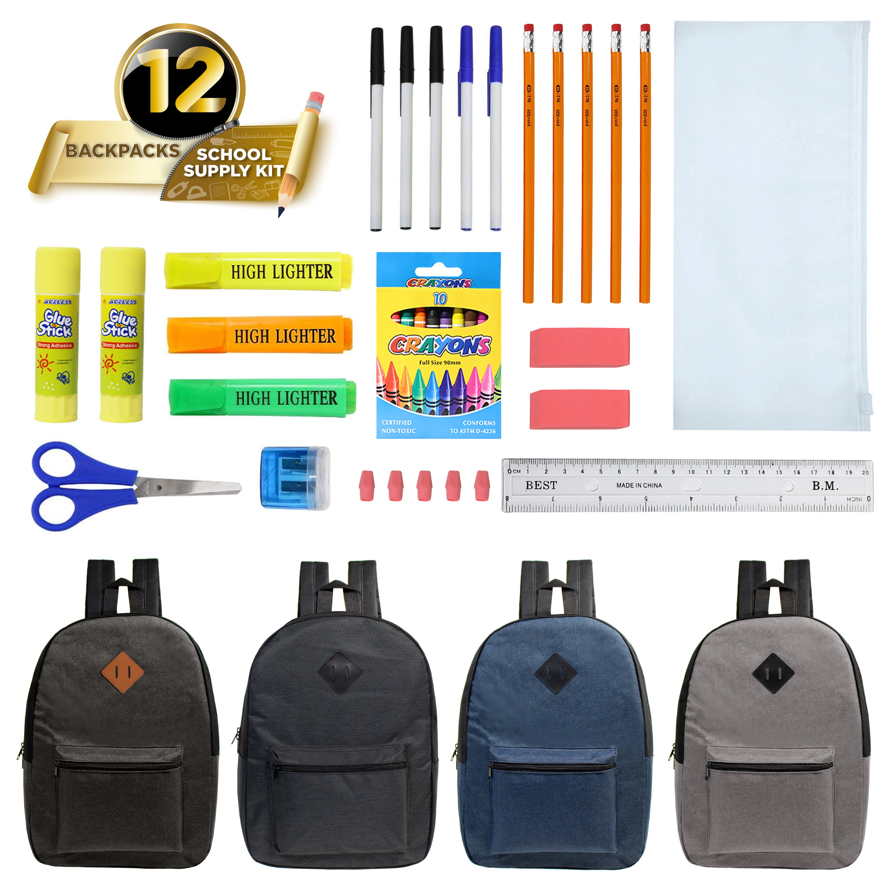 17-inch Bulk Backpack and School Supply Kit Combo Comes in 12 Assorted Colors and School Supply Kit