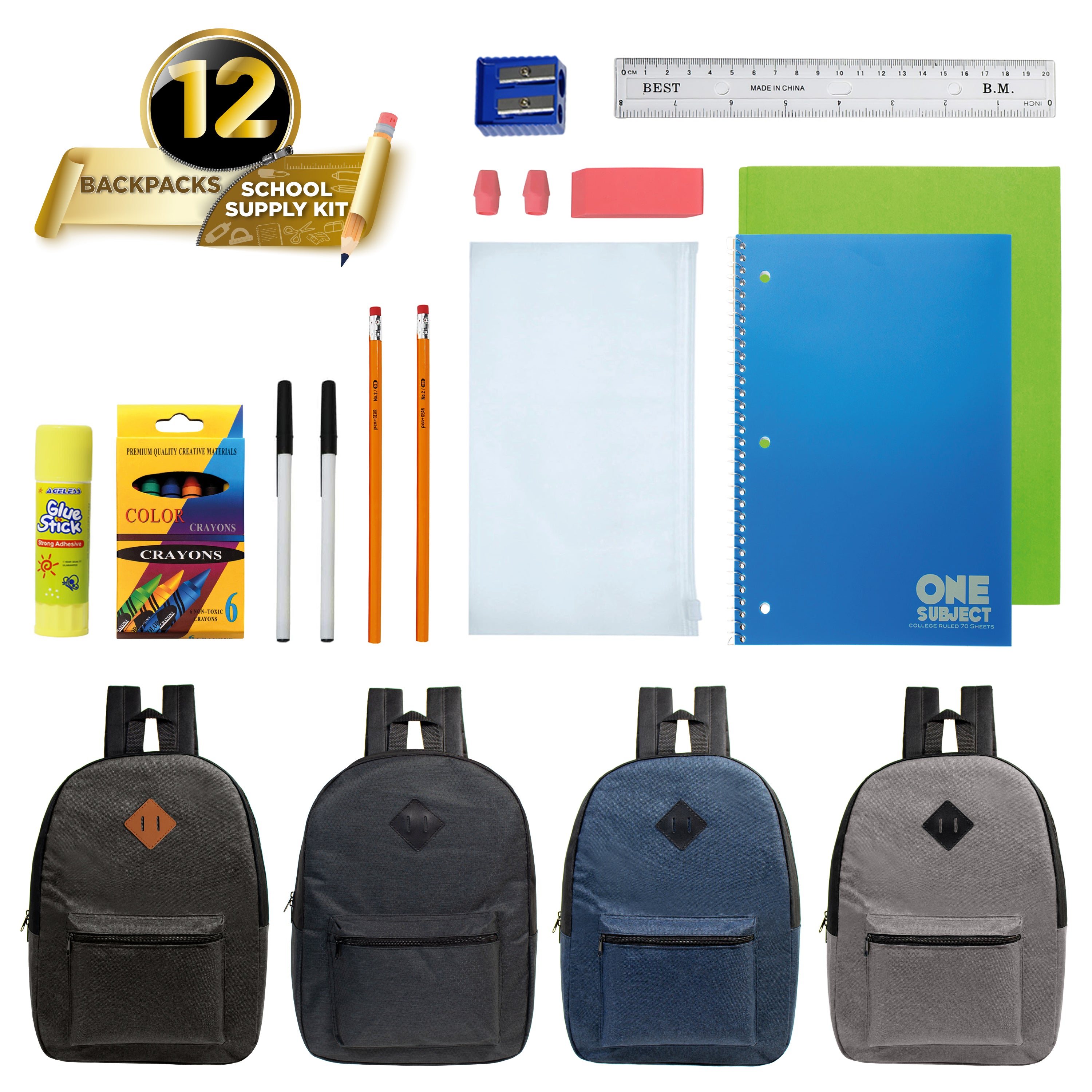 17-inch Bulk Backpack and School Supply Kit Combo Comes in 12 Assorted Colors and School Supply Kit