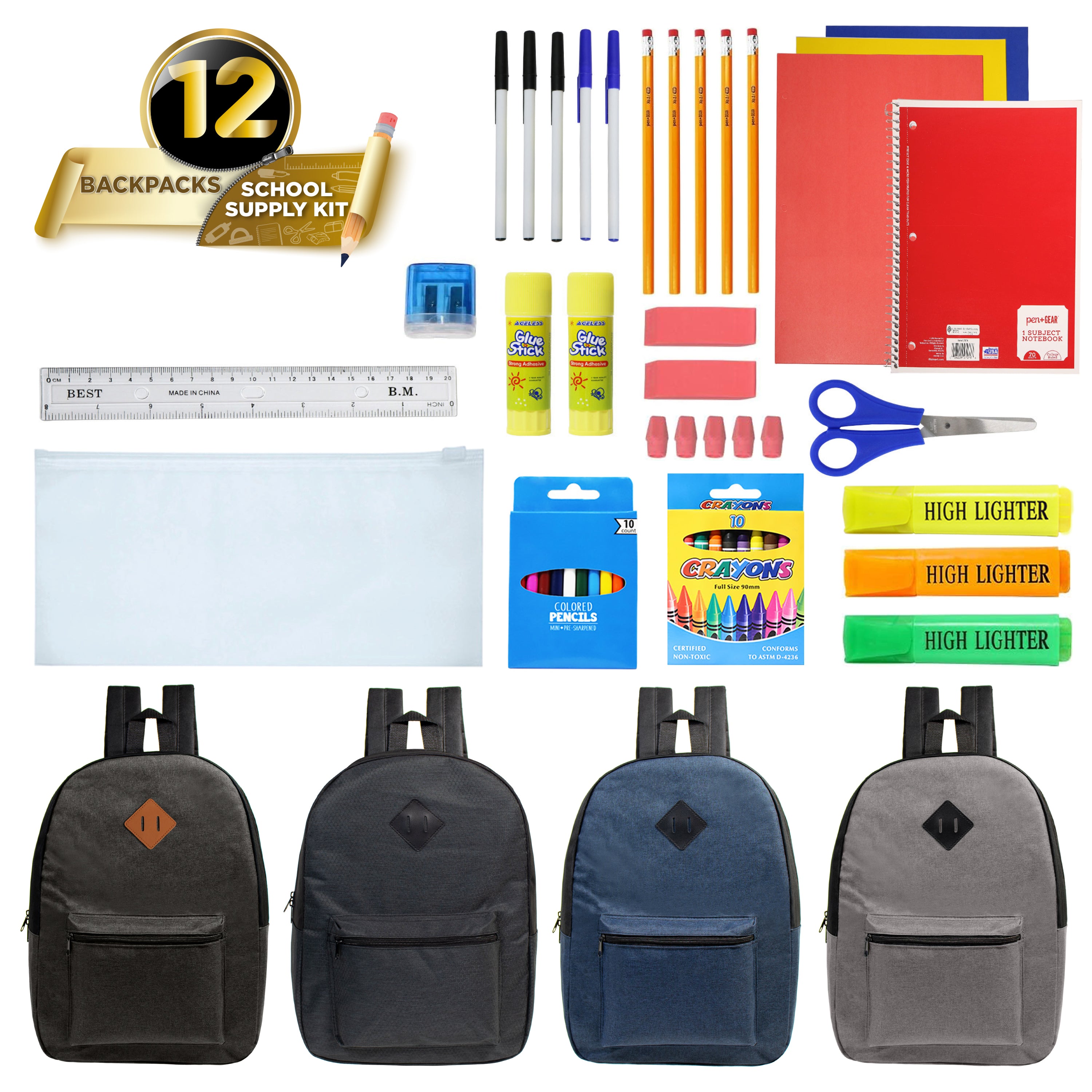 17-inch Bulk Backpack and School Supply Kit Combo Comes in 12 Assorted Colors and School Supply Kit