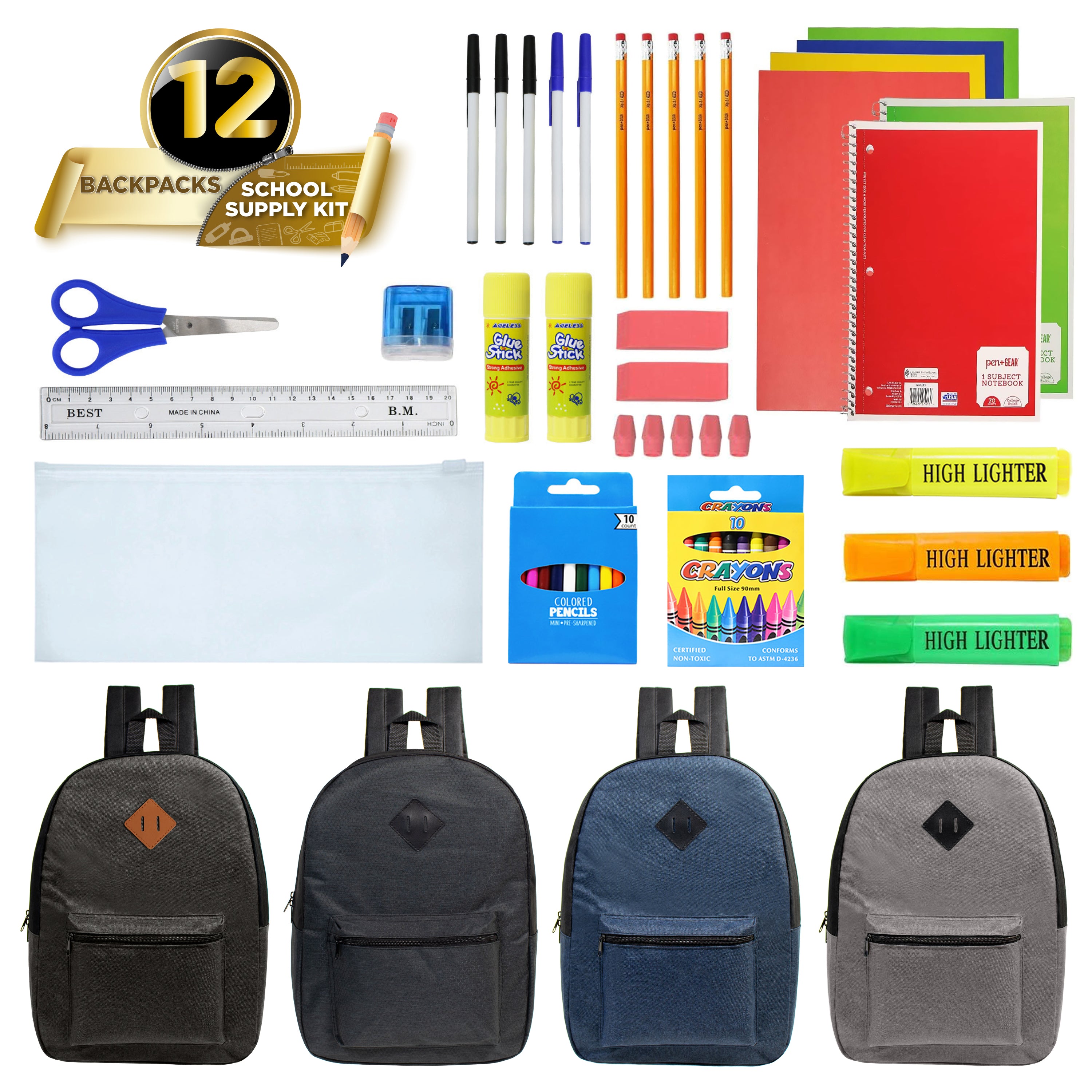 17-inch Bulk Backpack and School Supply Kit Combo Comes in 12 Assorted Colors and School Supply Kit