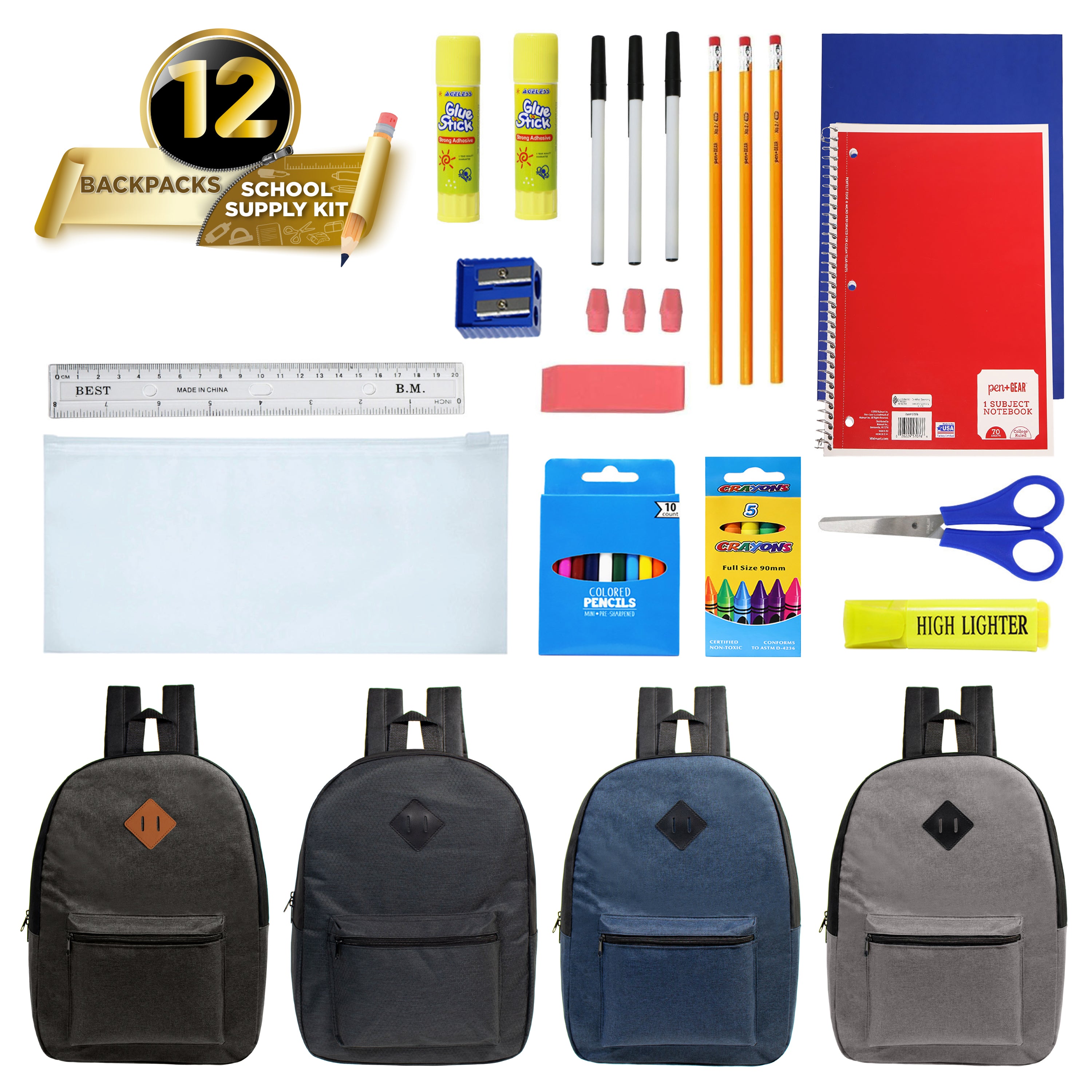 17-inch Bulk Backpack and School Supply Kit Combo Comes in 12 Assorted Colors and School Supply Kit