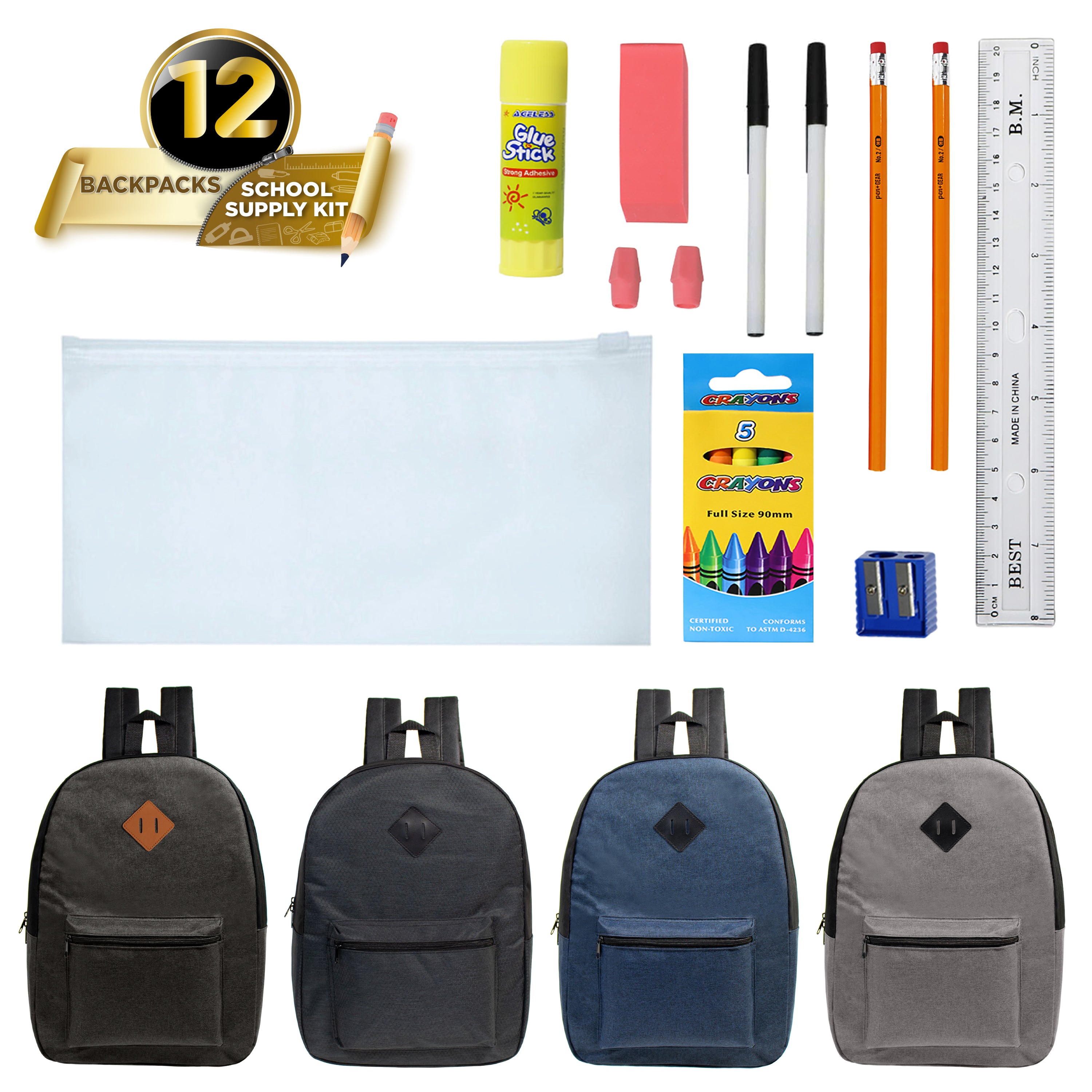 17-inch Bulk Backpack and School Supply Kit Combo Comes in 12 Assorted Colors and School Supply Kit