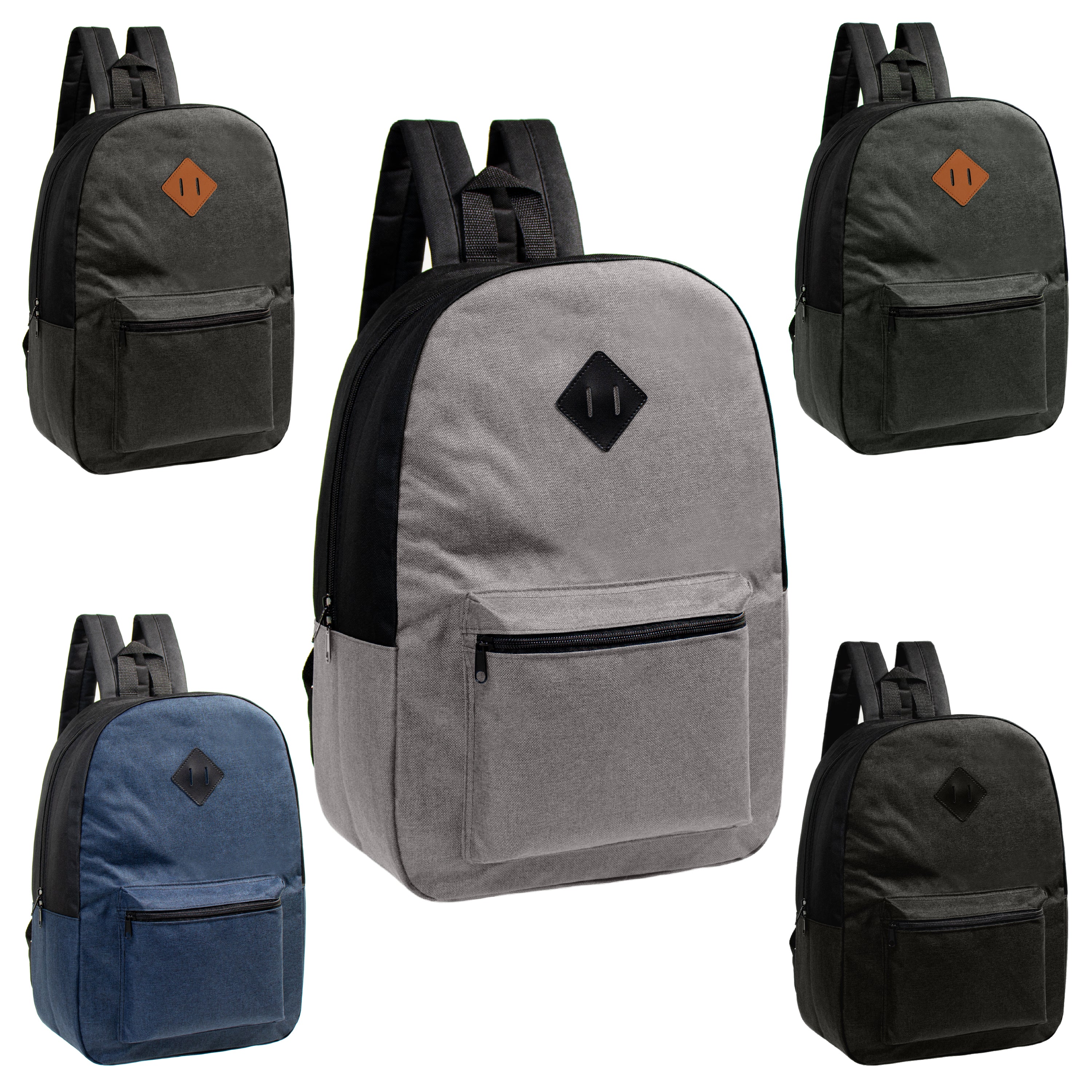 17" Kids Basic Wholesale Backpack in Assorted 5 Colors Diamond Patch - Bulk Case of 24 Backpacks