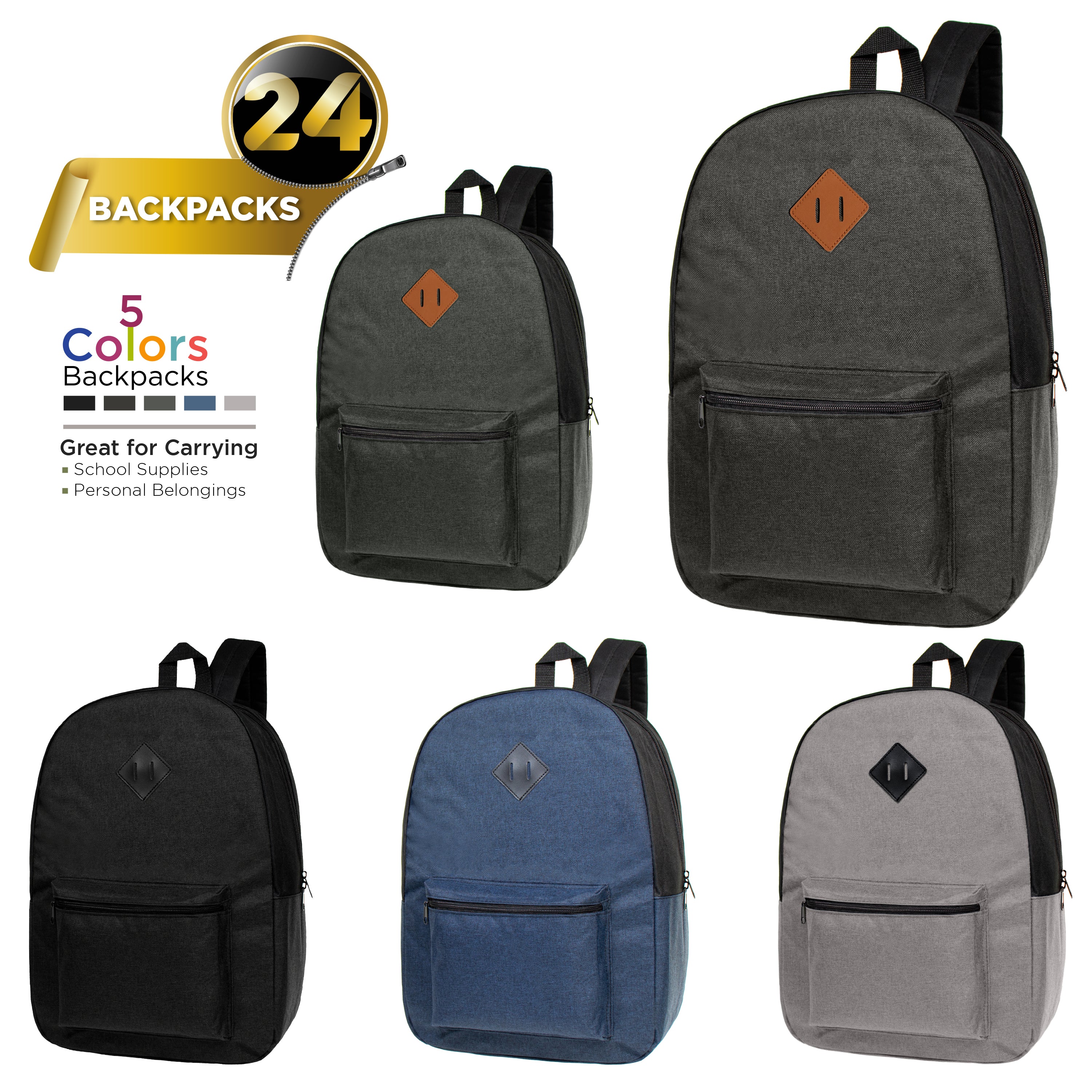 17" Kids Basic Wholesale Backpack in Assorted 5 Colors Diamond Patch - Bulk Case of 24 Backpacks