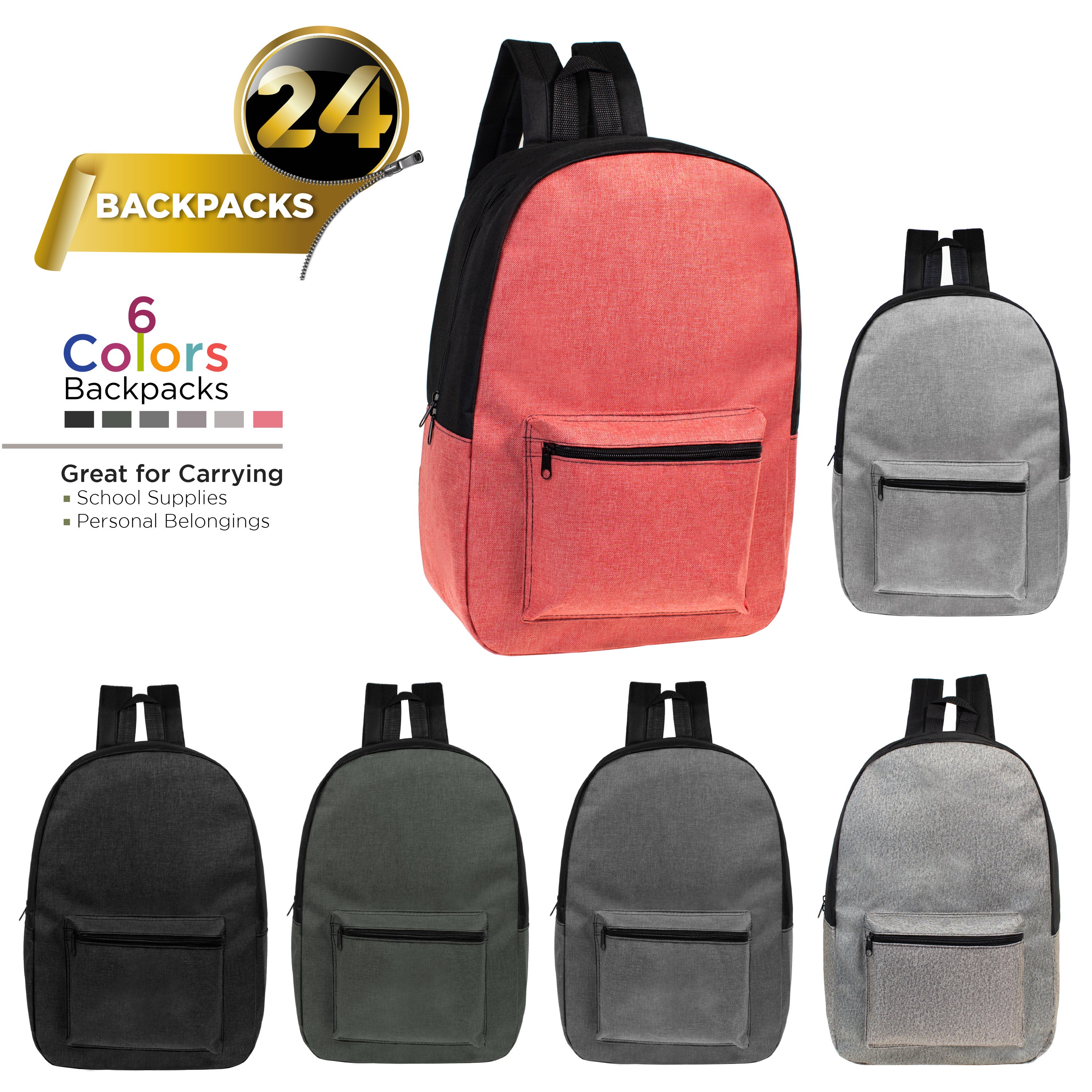 17" Kids Basic Wholesale Backpack in Assorted 6 Colors - Bulk Case of 24 Backpacks