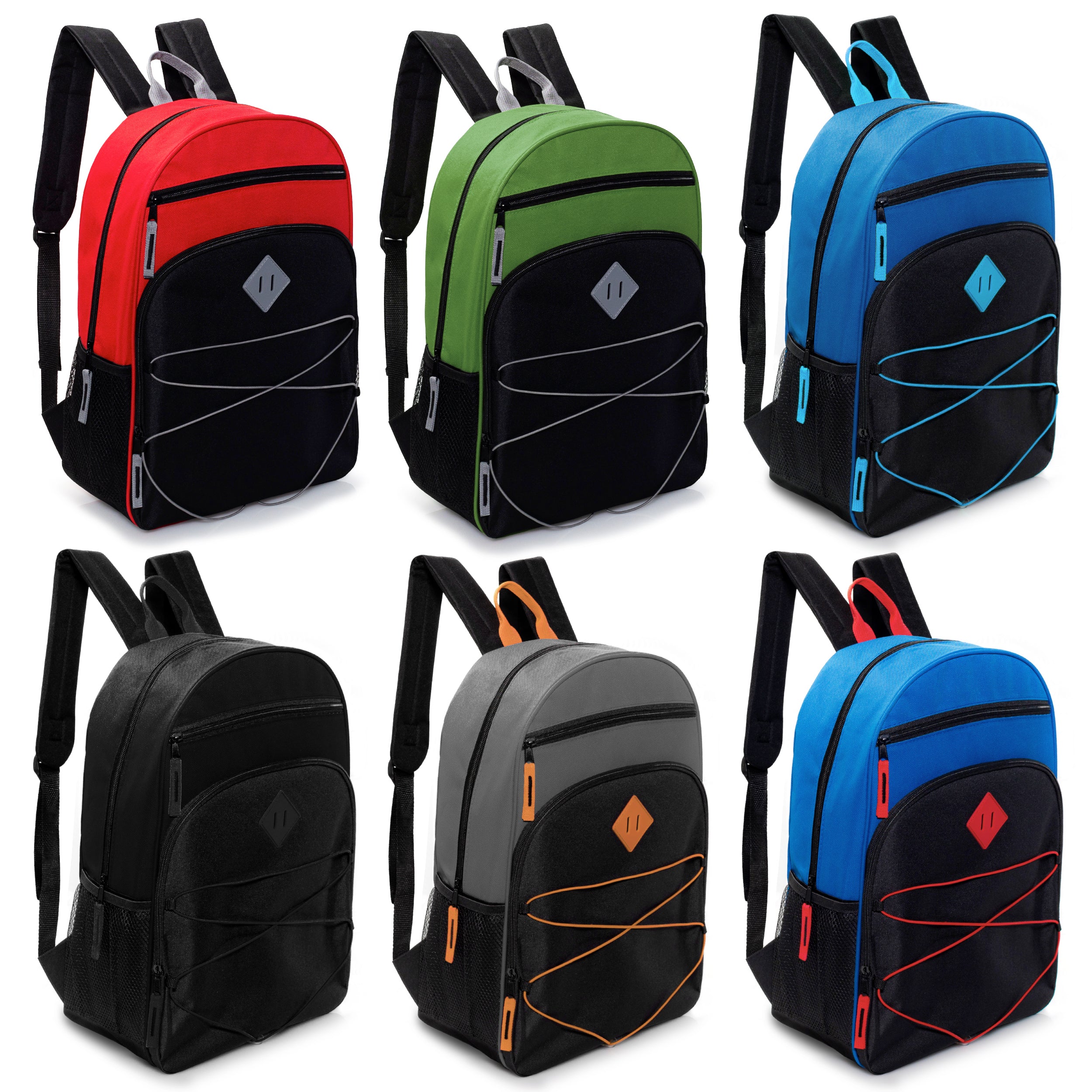 12 Wholesale 17" Bungee Backpacks with Side Pockets & 12 Bulk School Supply Kits of Your Choice