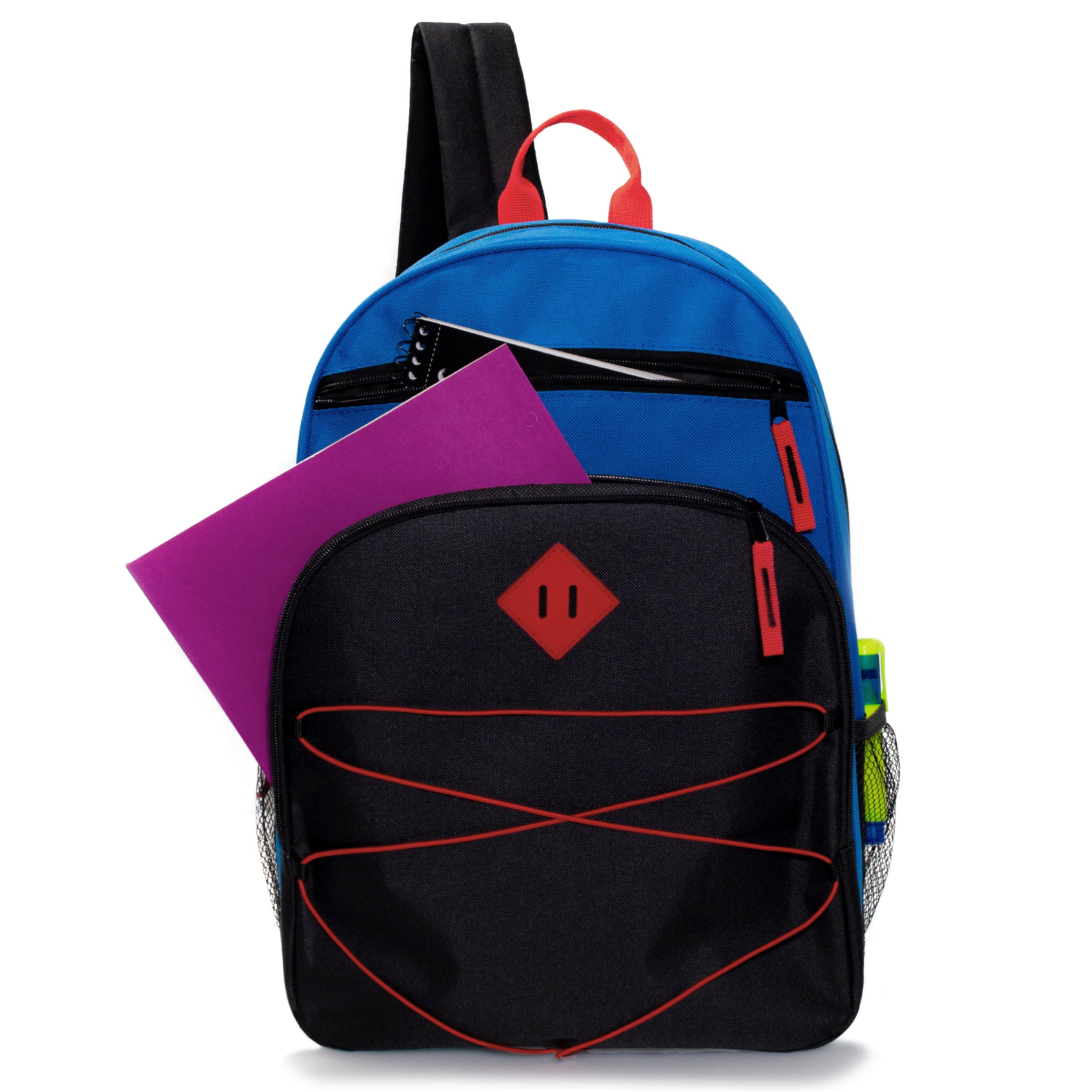 12 Wholesale 17" Bungee Backpacks with Side Pockets & 12 Bulk School Supply Kits of Your Choice