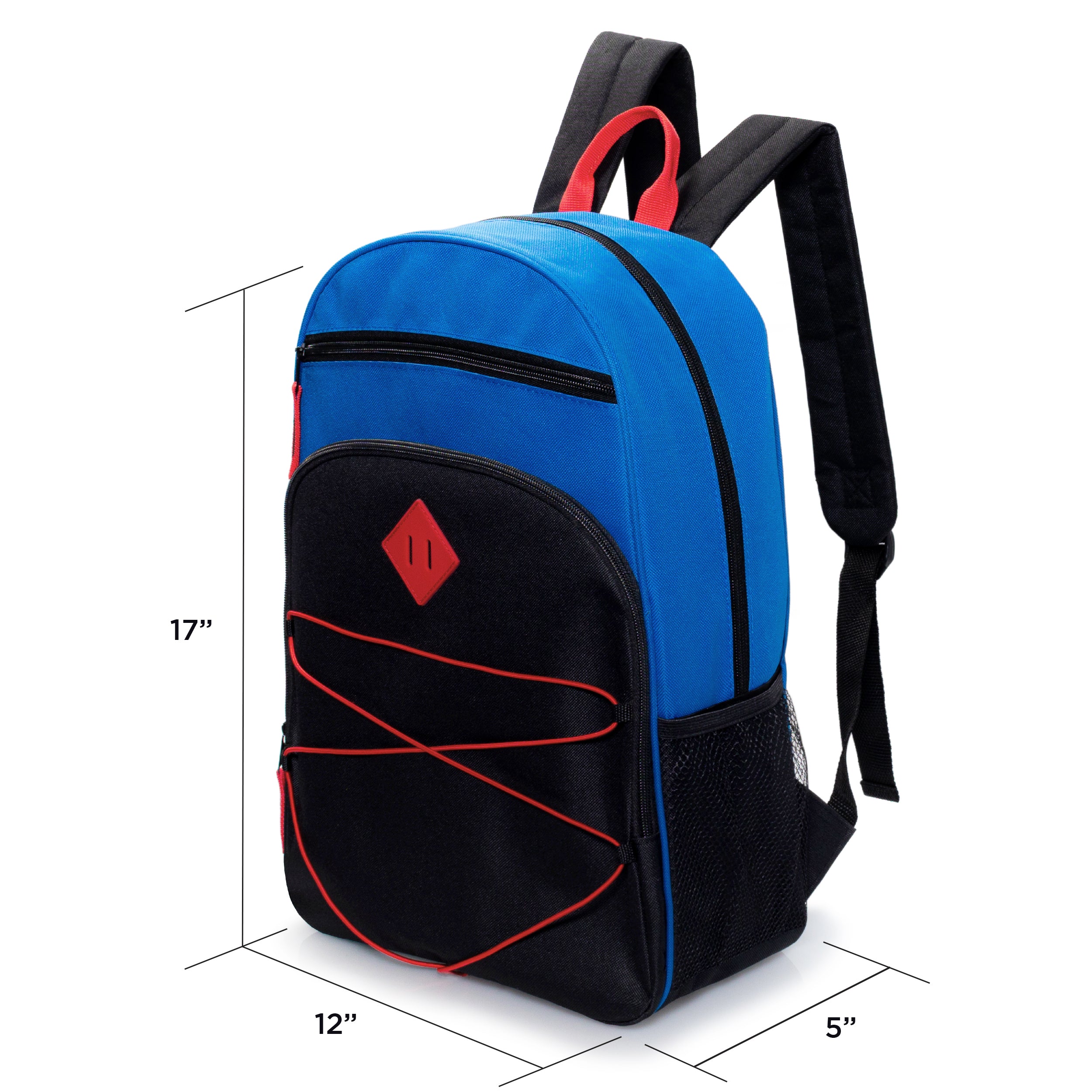 12 Wholesale 17" Bungee Backpacks with Side Pockets & 12 Bulk School Supply Kits of Your Choice