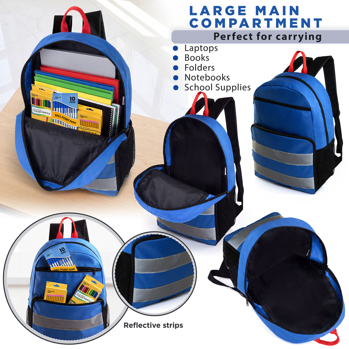 17" Double Reflective Wholesale Backpack in 6 Colors - 2 Side Pockets - Bulk Case of 24 Bookbags