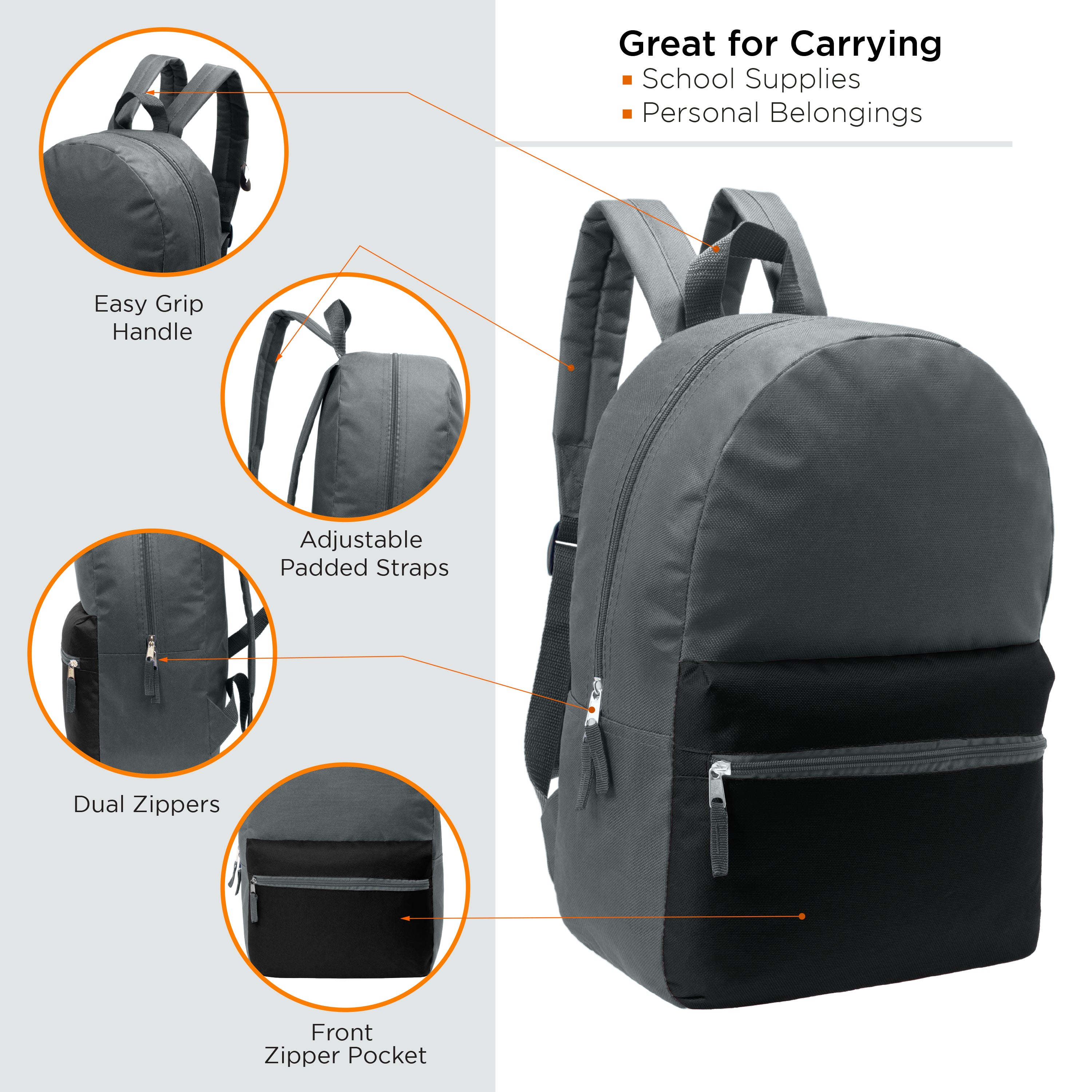 17" Kids Basic Wholesale Backpack in 6 Boy Colors 2 Tone - Bulk Case of 24 Backpacks