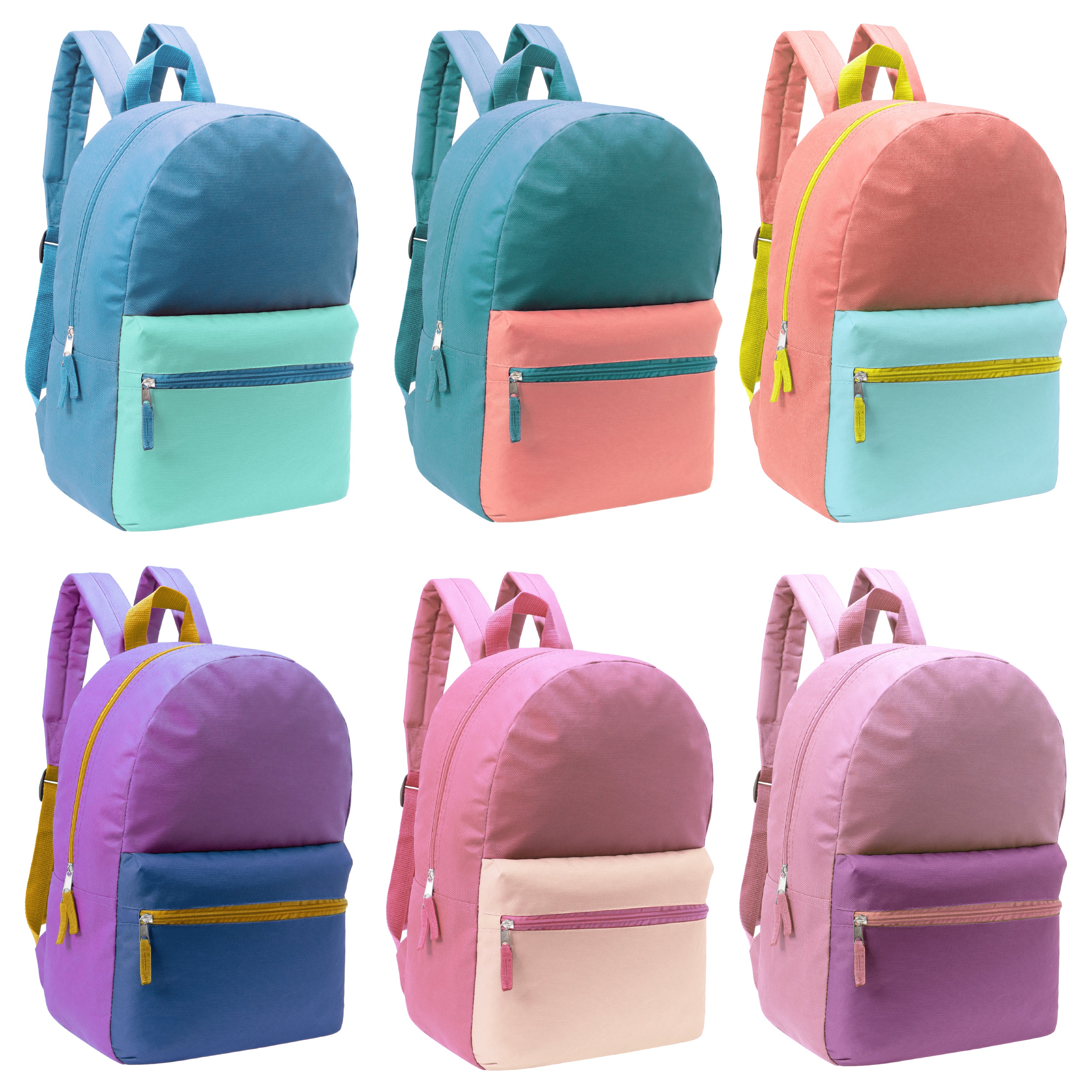17" Kids Basic Wholesale Backpack in 6 Girl Colors 2 Tone - Bulk Case of 24 Backpacks
