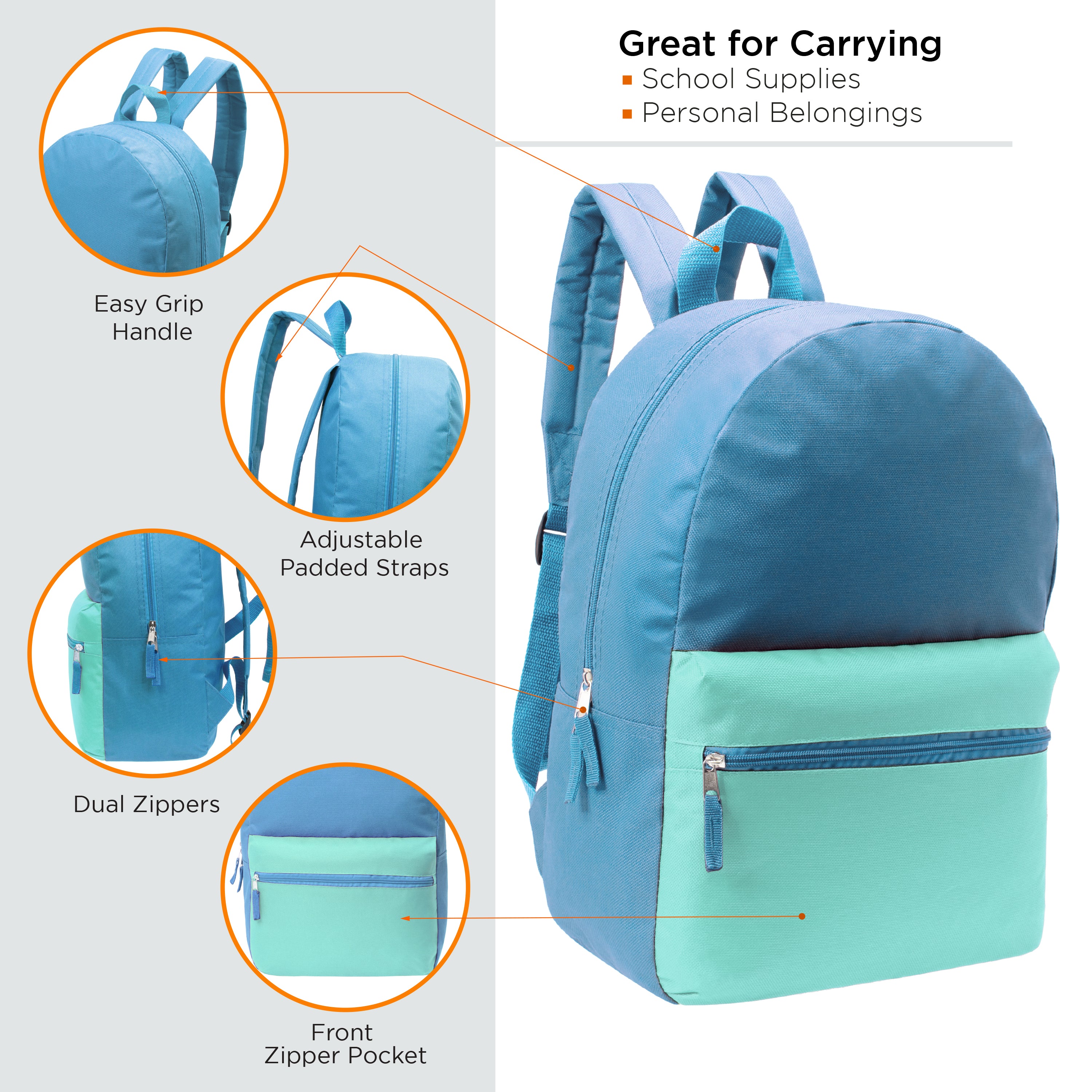 17" Kids Basic Wholesale Backpack in 6 Girl Colors 2 Tone - Bulk Case of 24 Backpacks