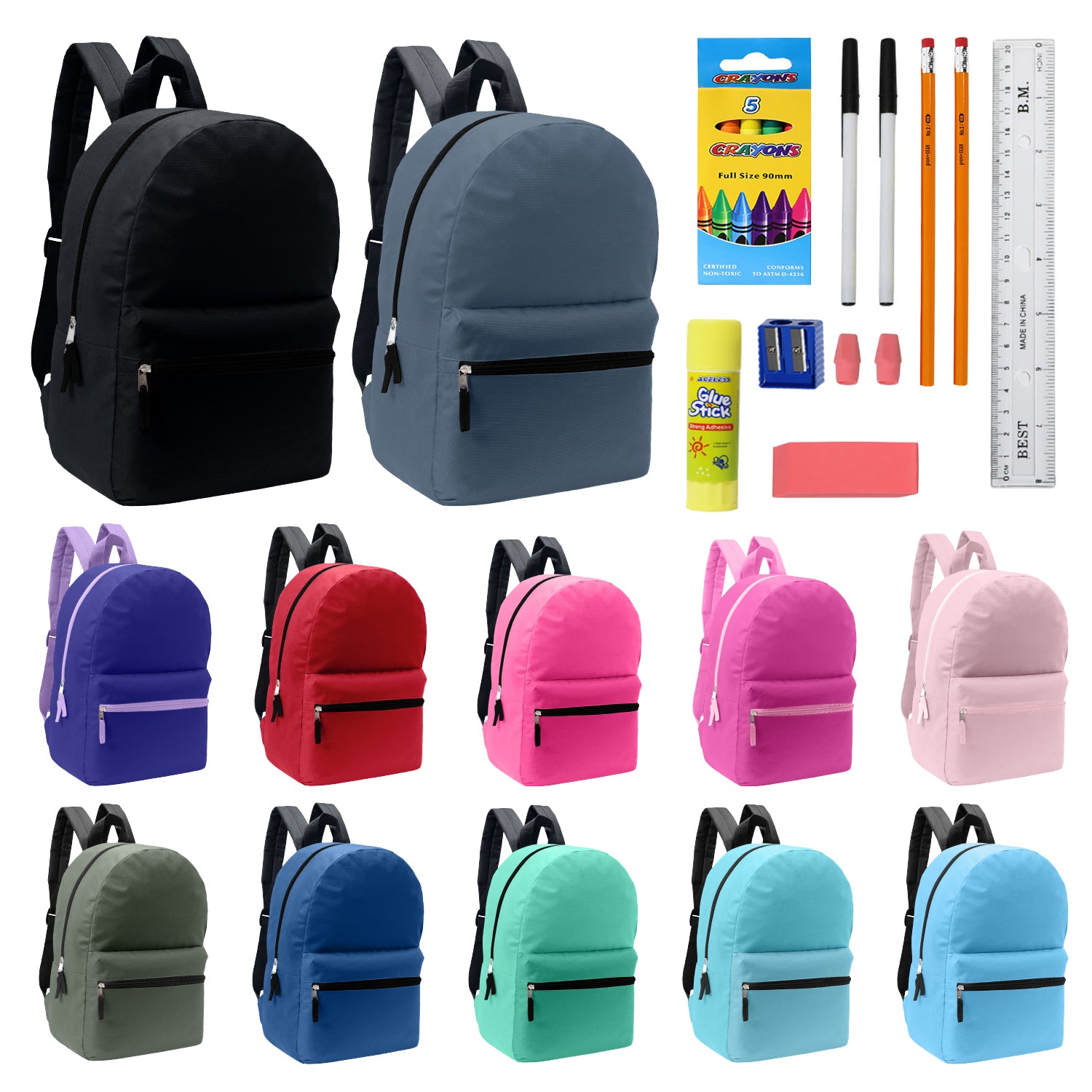 17 Inch Bulk Backpacks in Assorted Colors with School Supply Kits Wholesale - Case of 12