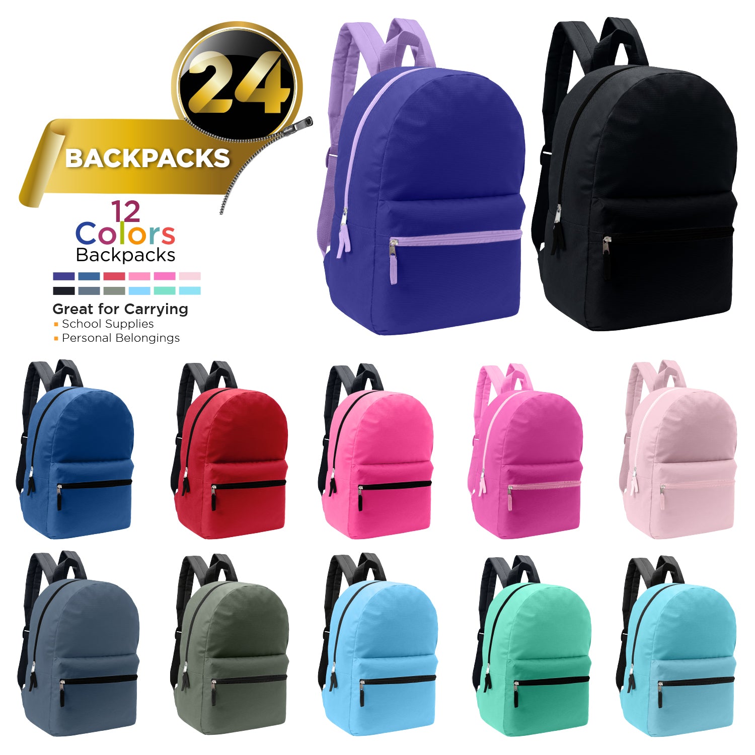 17" Kids Basic Wholesale Backpack in 12 Colors  - Bulk Case of 24 Backpacks