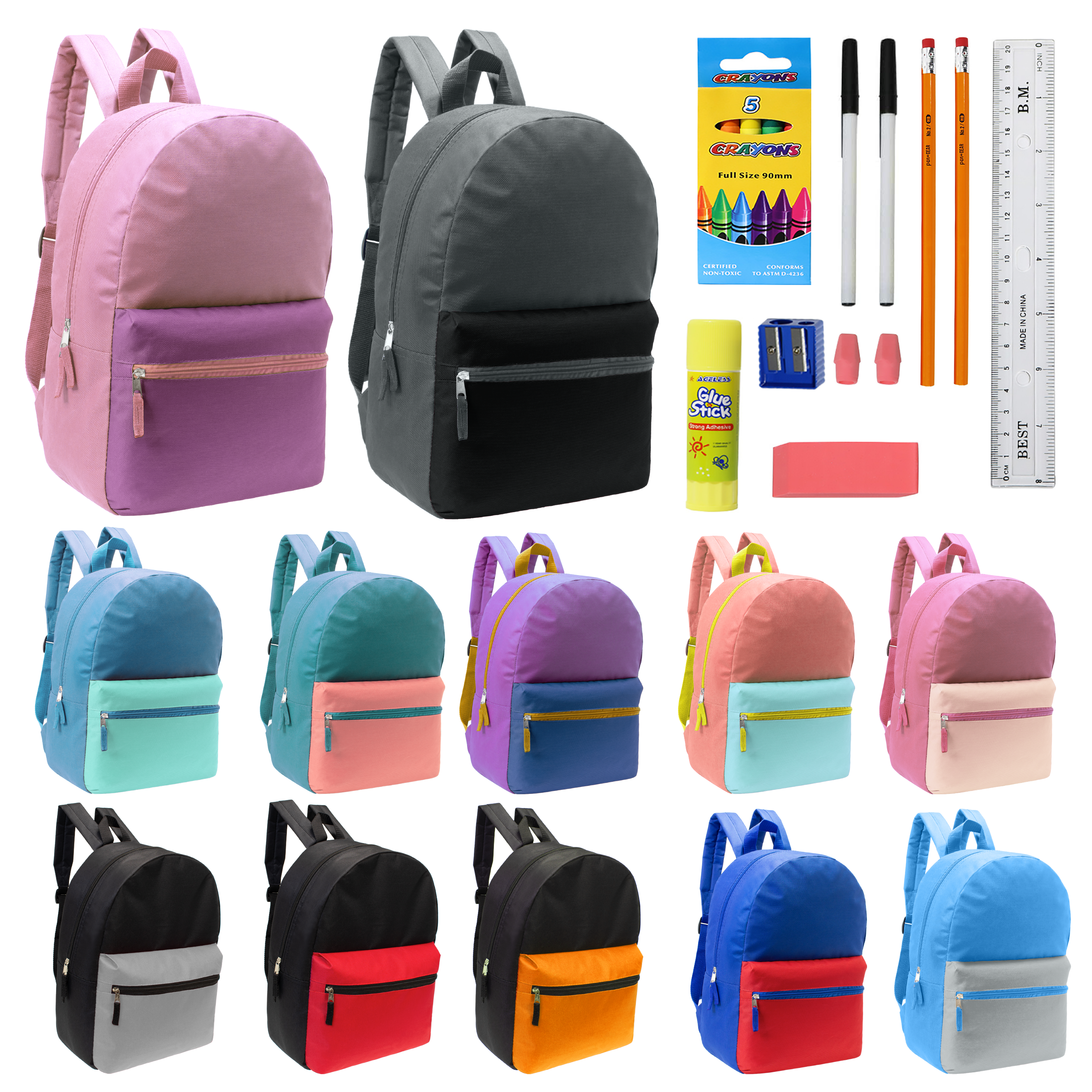 17 Inch Wholesale Backpacks in Assorted Colors with School Supply Kits Bulk - Kit of 12