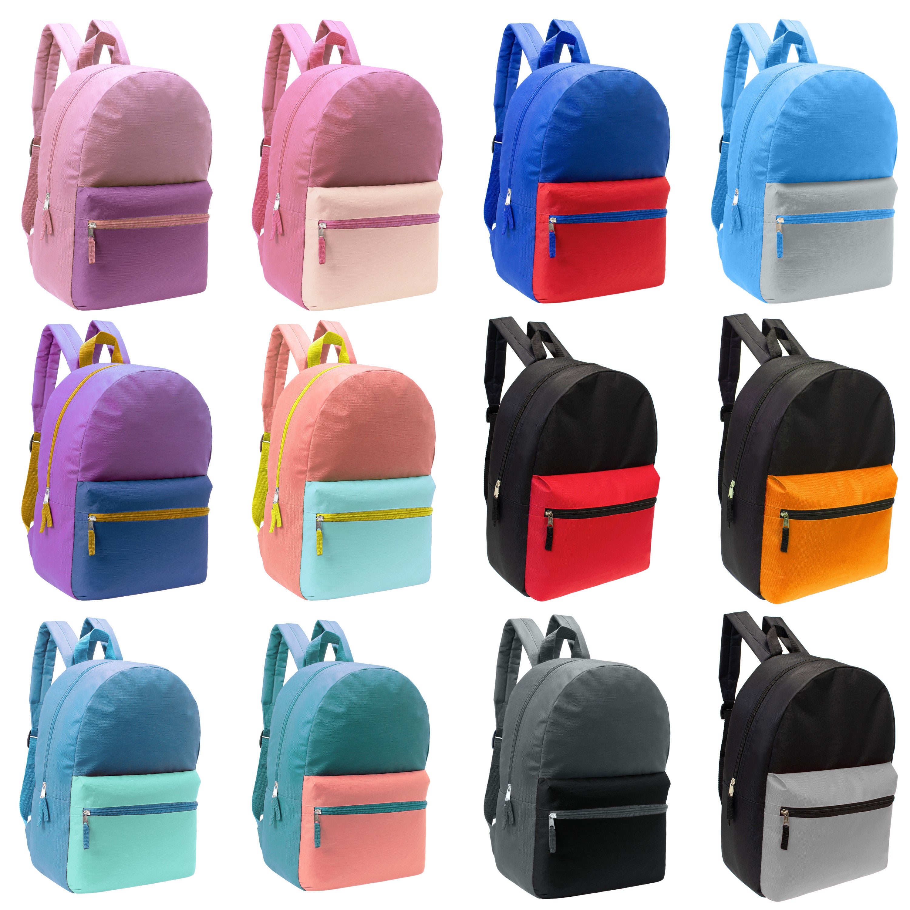17" Kids Basic Wholesale Backpack in 12 Colors 2 Tone - Bulk Case of 24 Backpacks