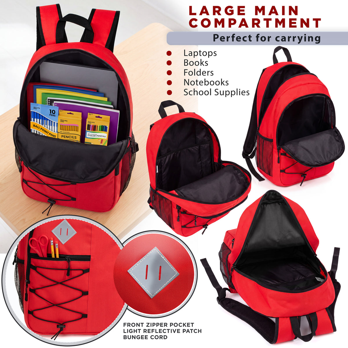 12 Wholesale 18" Bungee Laptop Backpacks in 11 Colors & 12 Bulk School Supply Kits of Your Choice