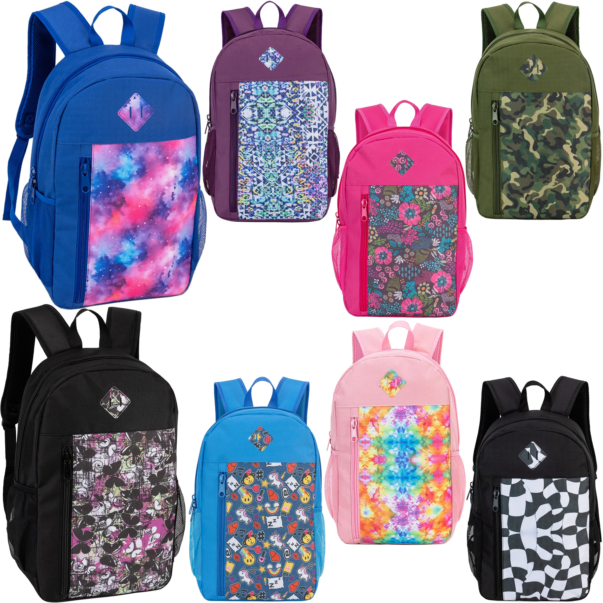 19" Wholesale Backpacks in 8 Prints | Padded Back & Mesh Side Pockets - Bulk Case of 24