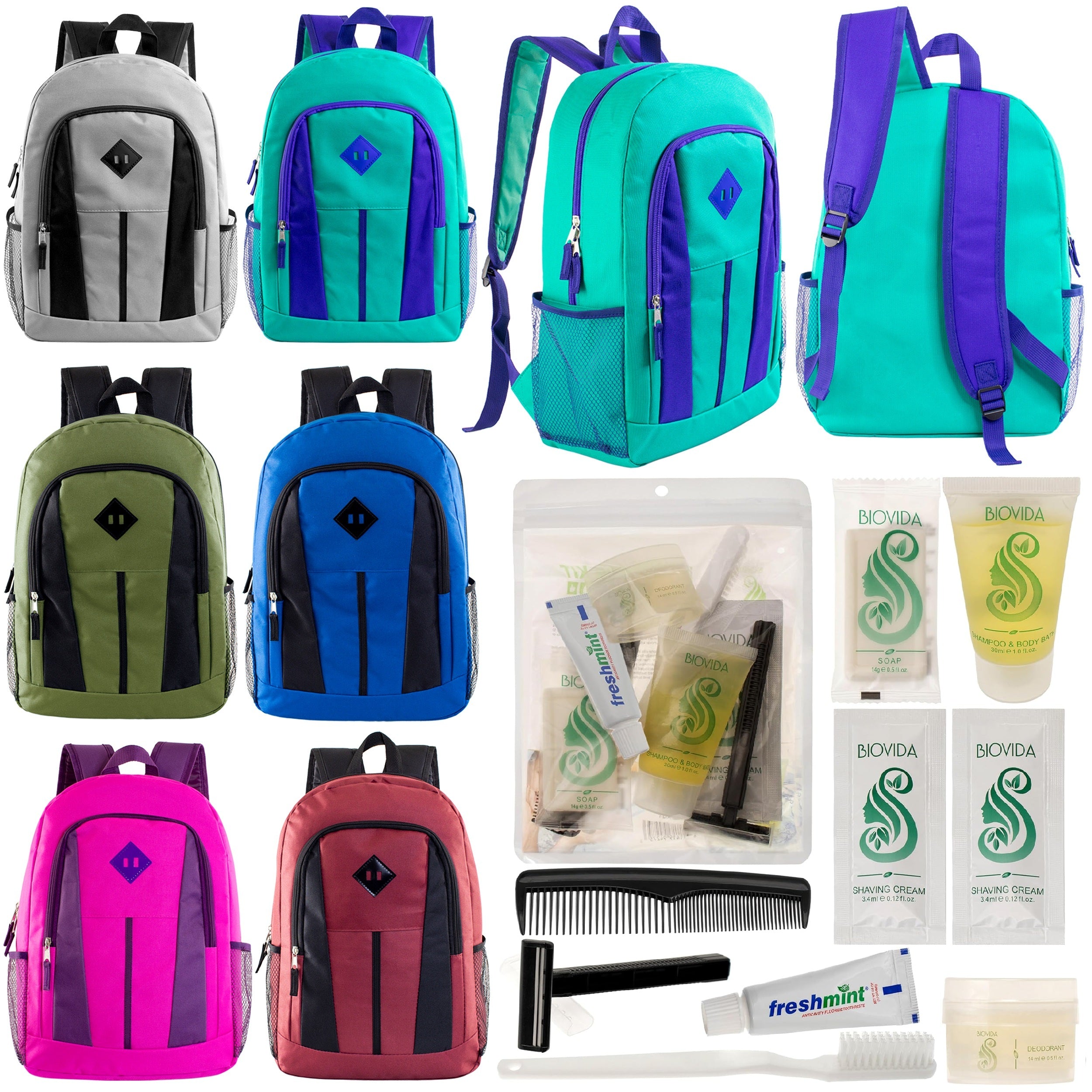 12 Multi Color Diamond Patch 17" Backpacks & Your Choice of 12 Bulk Hygiene Kits - Wholesale Care Package: Homeless, Emergency, Charity