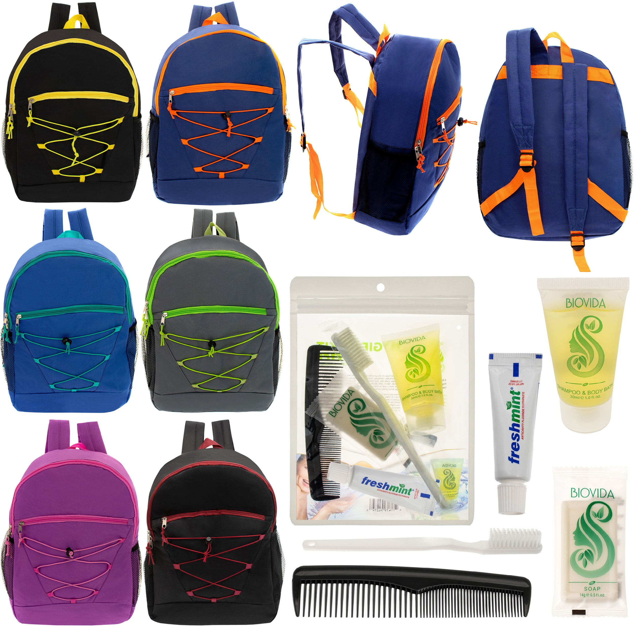 12 Bungee 17" Backpacks in 6 Colors & Your Choice of 12 Bulk Hygiene Kits - Wholesale Care Package: Homeless, Emergency, Charity
