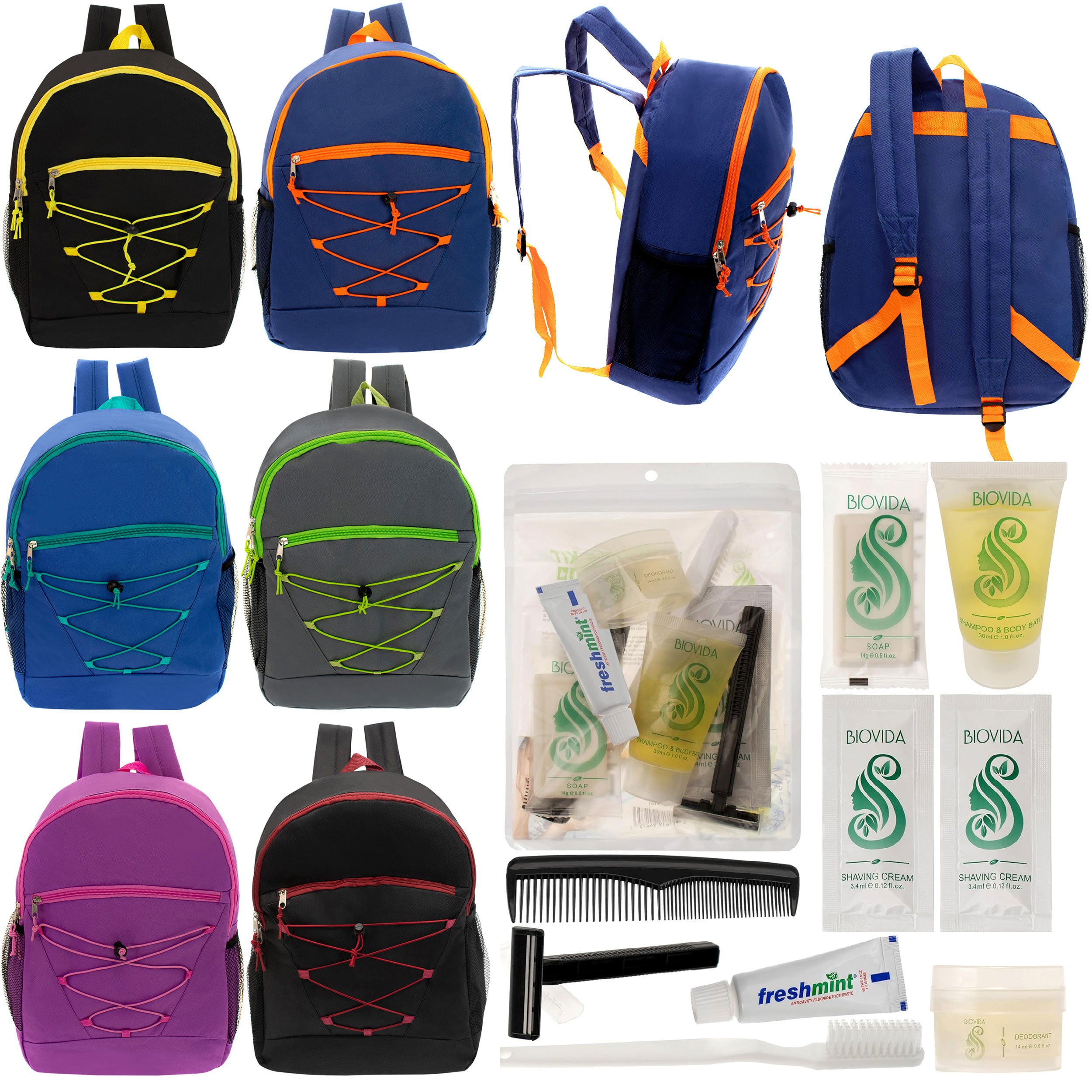 12 Bungee 17" Backpacks in 6 Colors & Your Choice of 12 Bulk Hygiene Kits - Wholesale Care Package: Homeless, Emergency, Charity