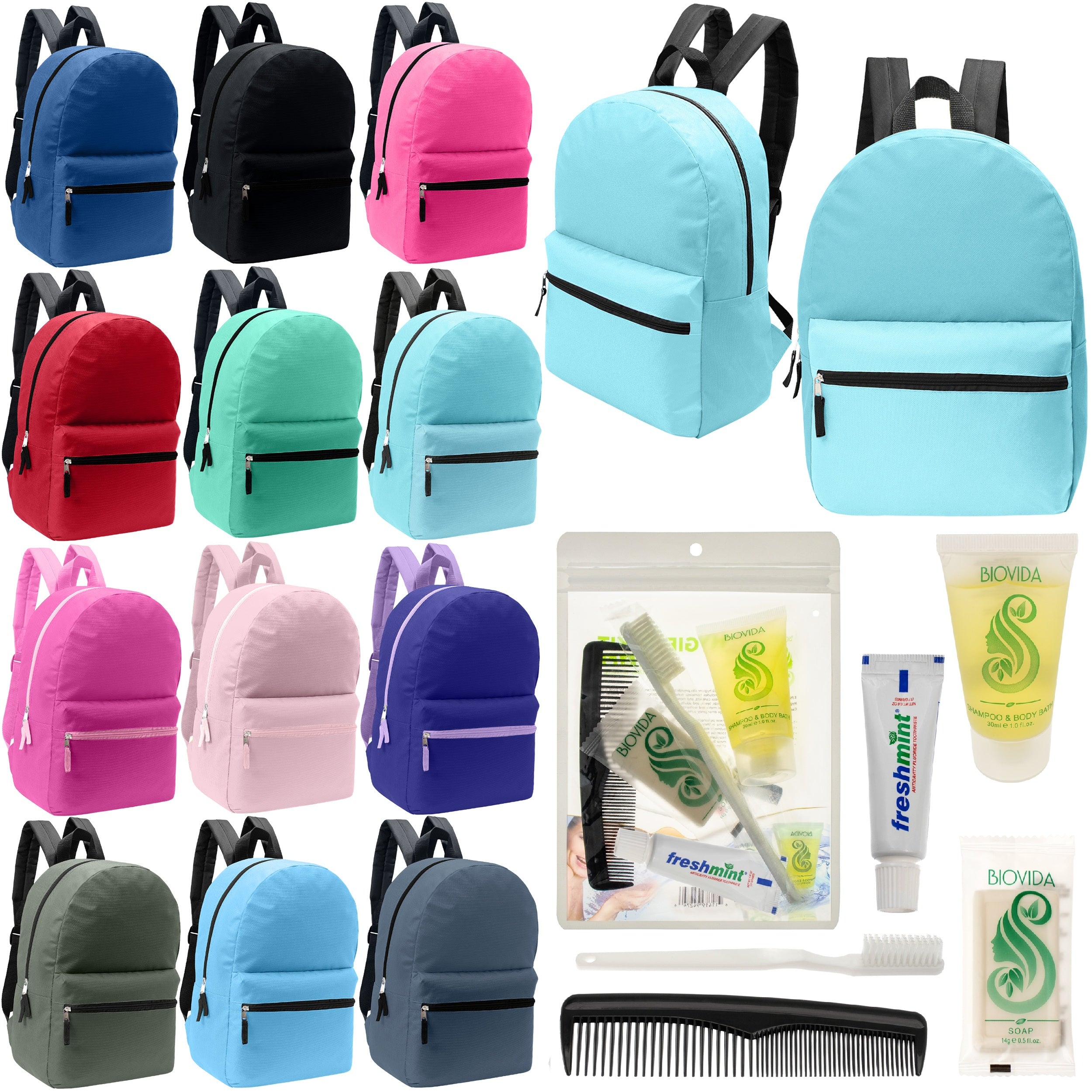 12 Basic 17" Backpacks in 12 Assorted Colors & Your Choice of 12 Bulk Hygiene Kits - Wholesale Care Package: Homeless, Emergency, Charity