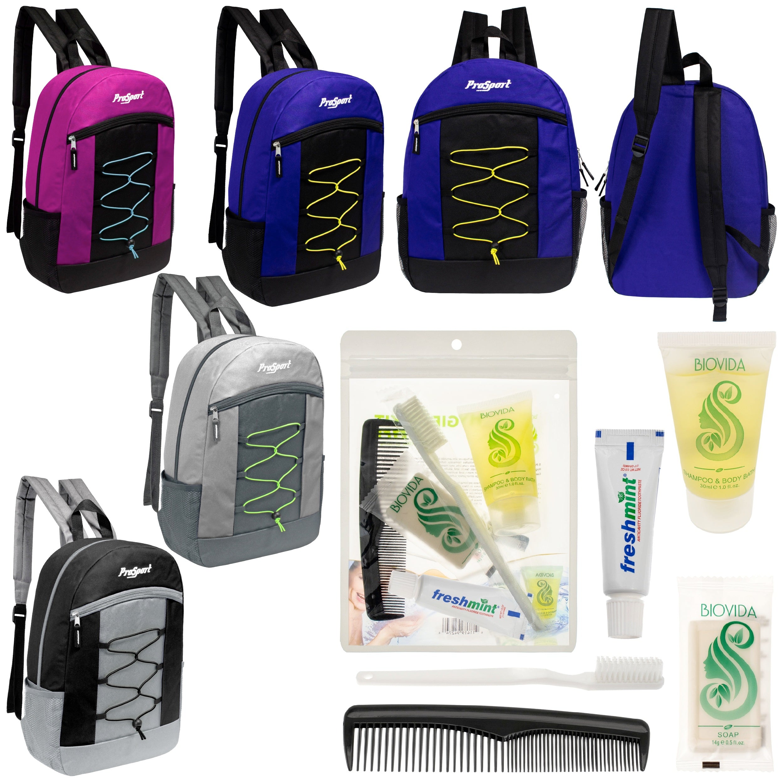 12 Multi-Color 17" Bungee Backpacks in 4 Color Combinations & Your Choice of 12 Bulk Hygiene Kits - Wholesale Care Package: Homeless, Emergency, Charity