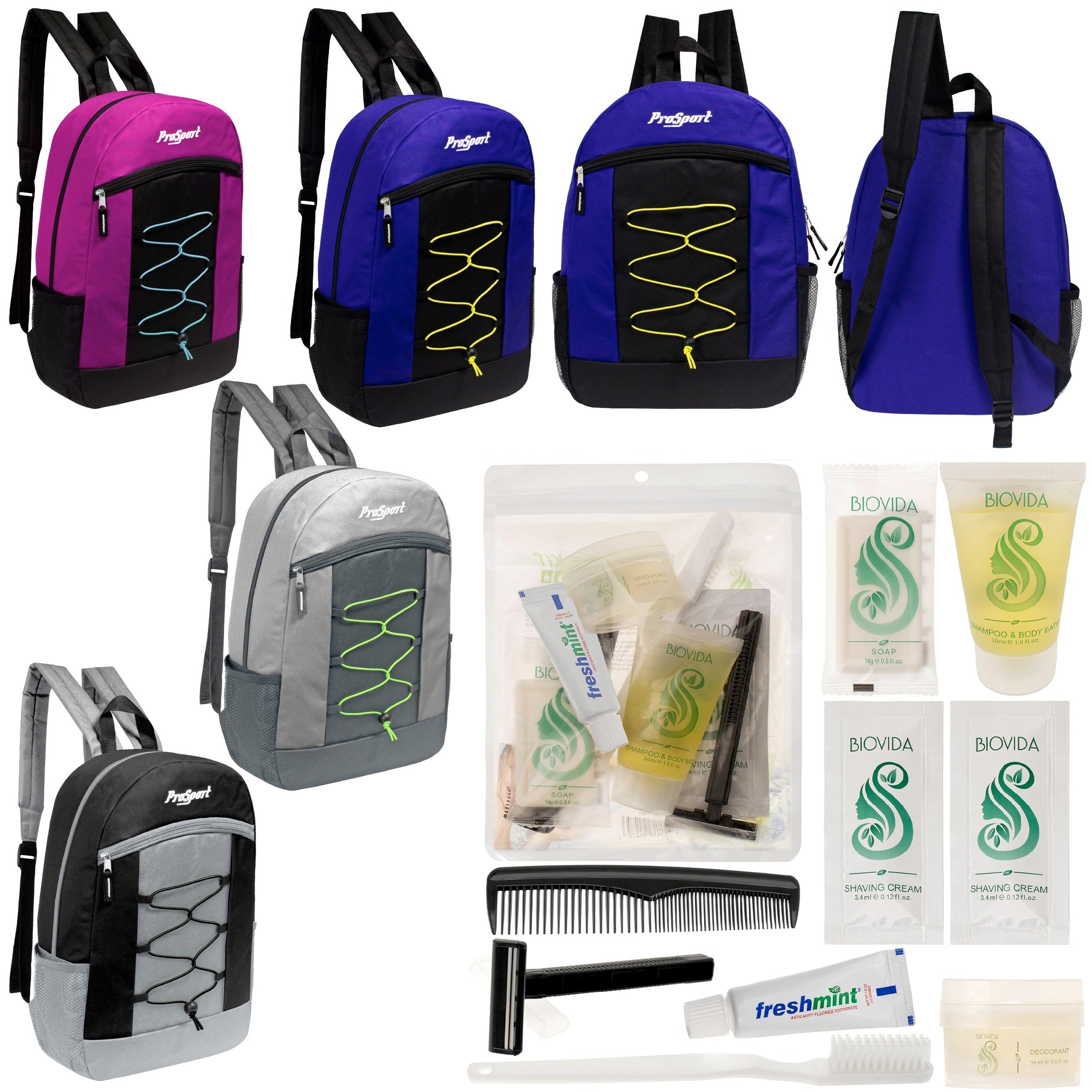 12 Multi-Color 17" Bungee Backpacks in 4 Color Combinations & Your Choice of 12 Bulk Hygiene Kits - Wholesale Care Package: Homeless, Emergency, Charity