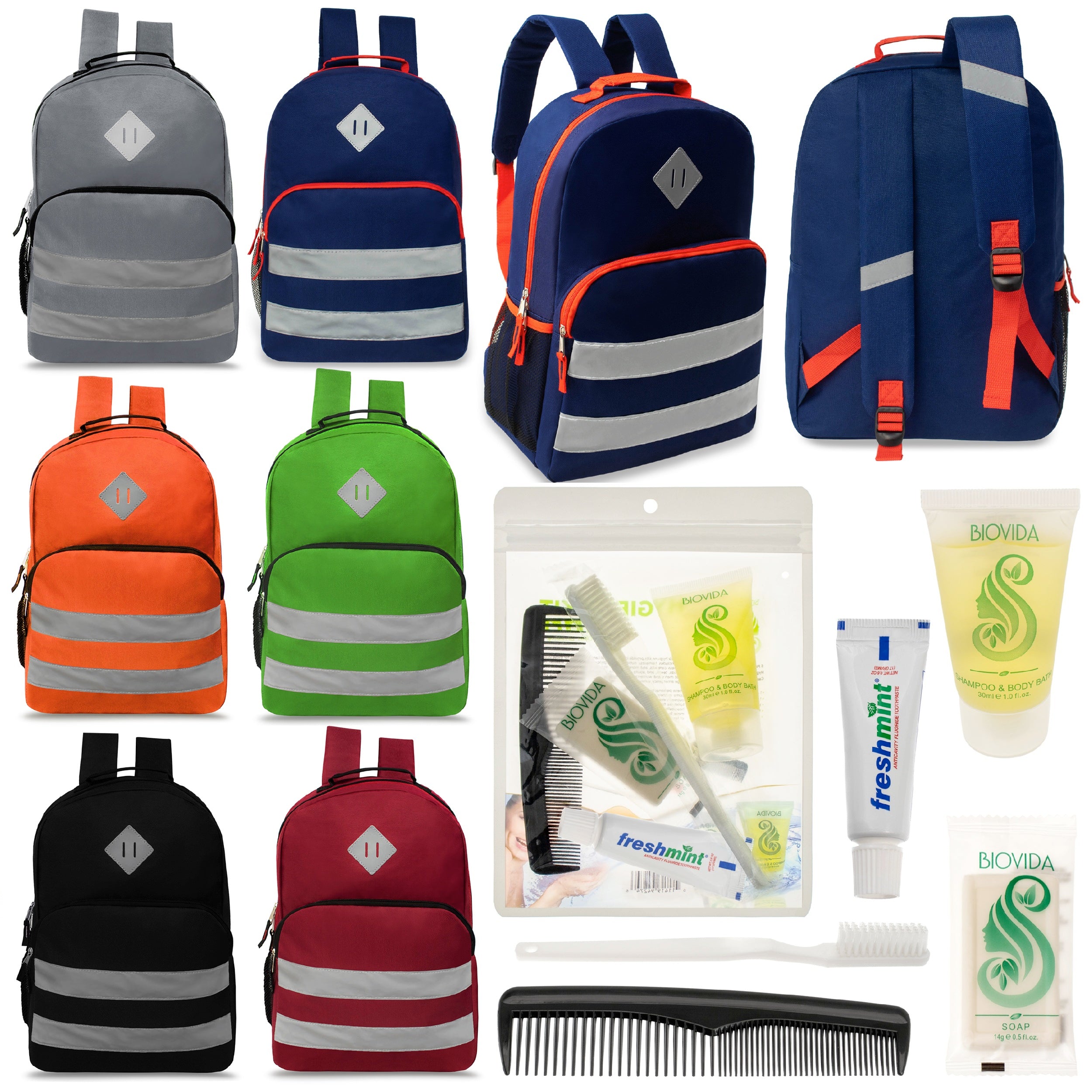 12 Reflective 17" Diamond Patch Backpacks in 6 Colors & Your Choice of 12 Bulk Hygiene Kits - Wholesale Care Package: Homeless, Emergency, Charity