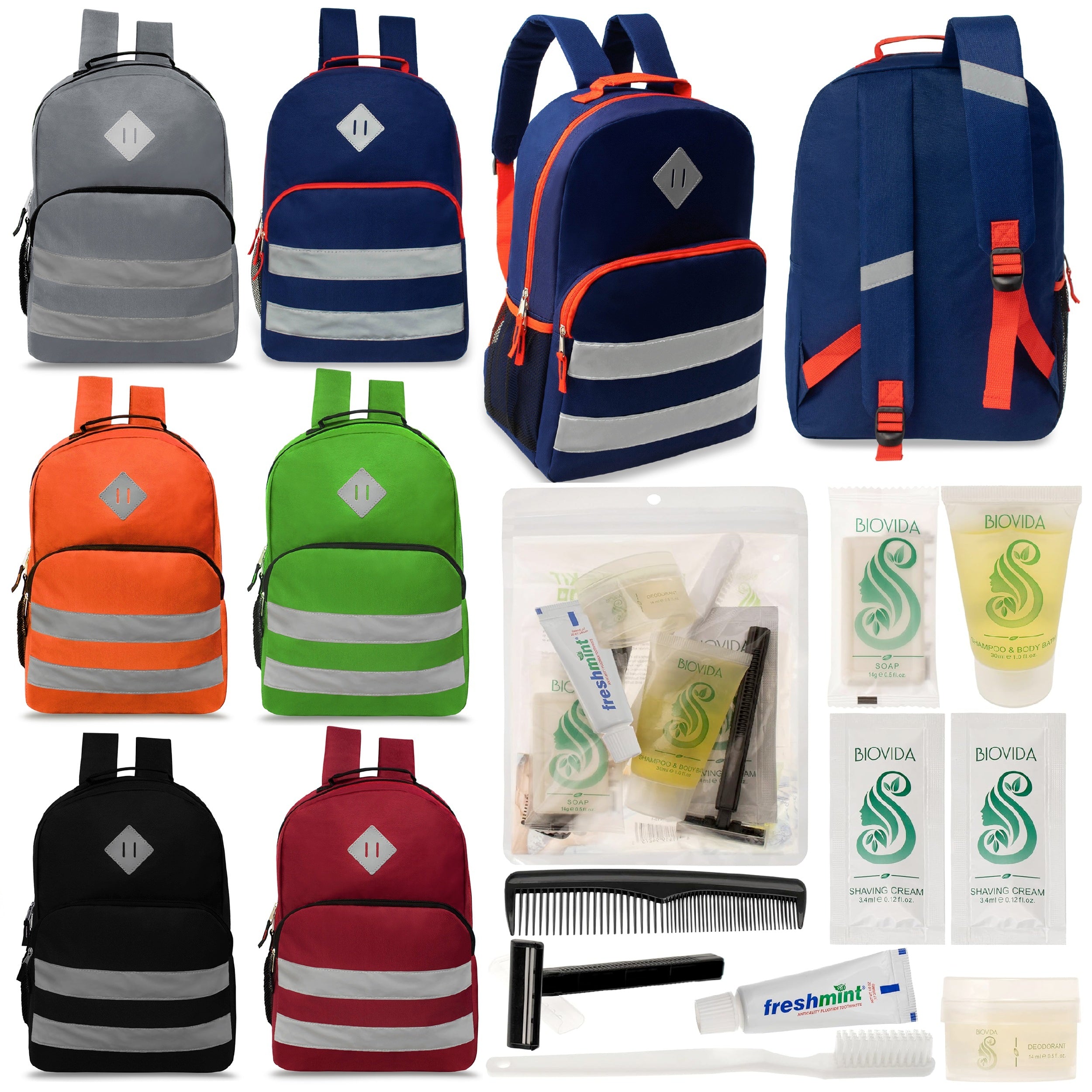 12 Reflective 17" Diamond Patch Backpacks in 6 Colors & Your Choice of 12 Bulk Hygiene Kits - Wholesale Care Package: Homeless, Emergency, Charity