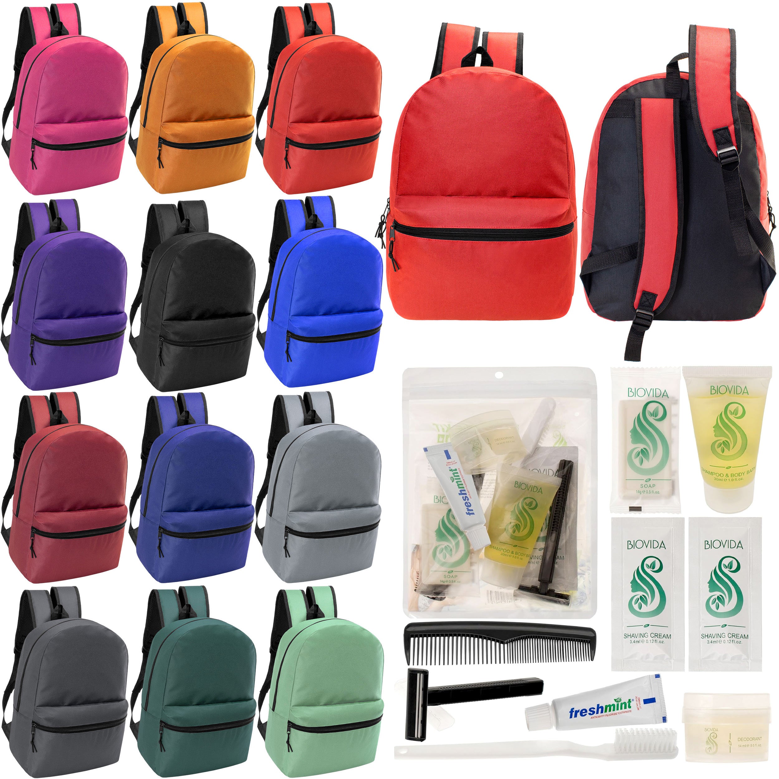 12 Basic 18.5" Backpacks in 12 Assorted Colors & Your Choice of 12 Bulk Hygiene Kits - Wholesale Care Package: Homeless, Emergency, Charity